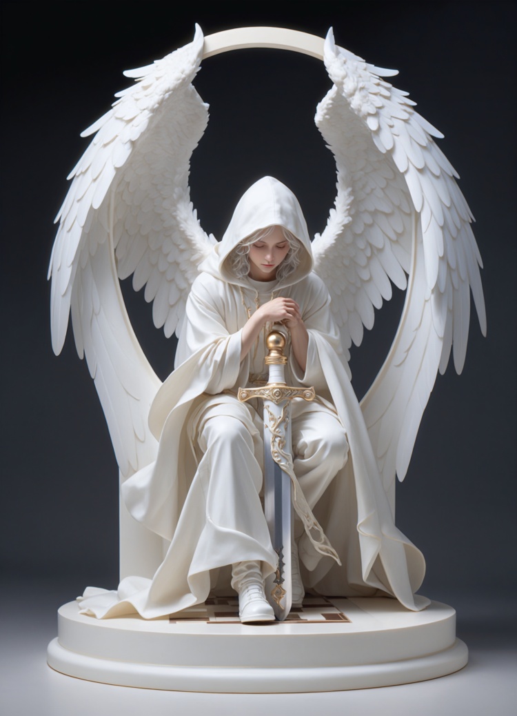 A white figure of an angel in a hood, down on one knee, with one hand resting his fingers on the ground, with the other hand holding the hilt of a sword stuck in the ground. The gaze is directed into the distance. The wings are folded behind the back. The figure is made of white ivory. is placed on a round stand like a chess piece.