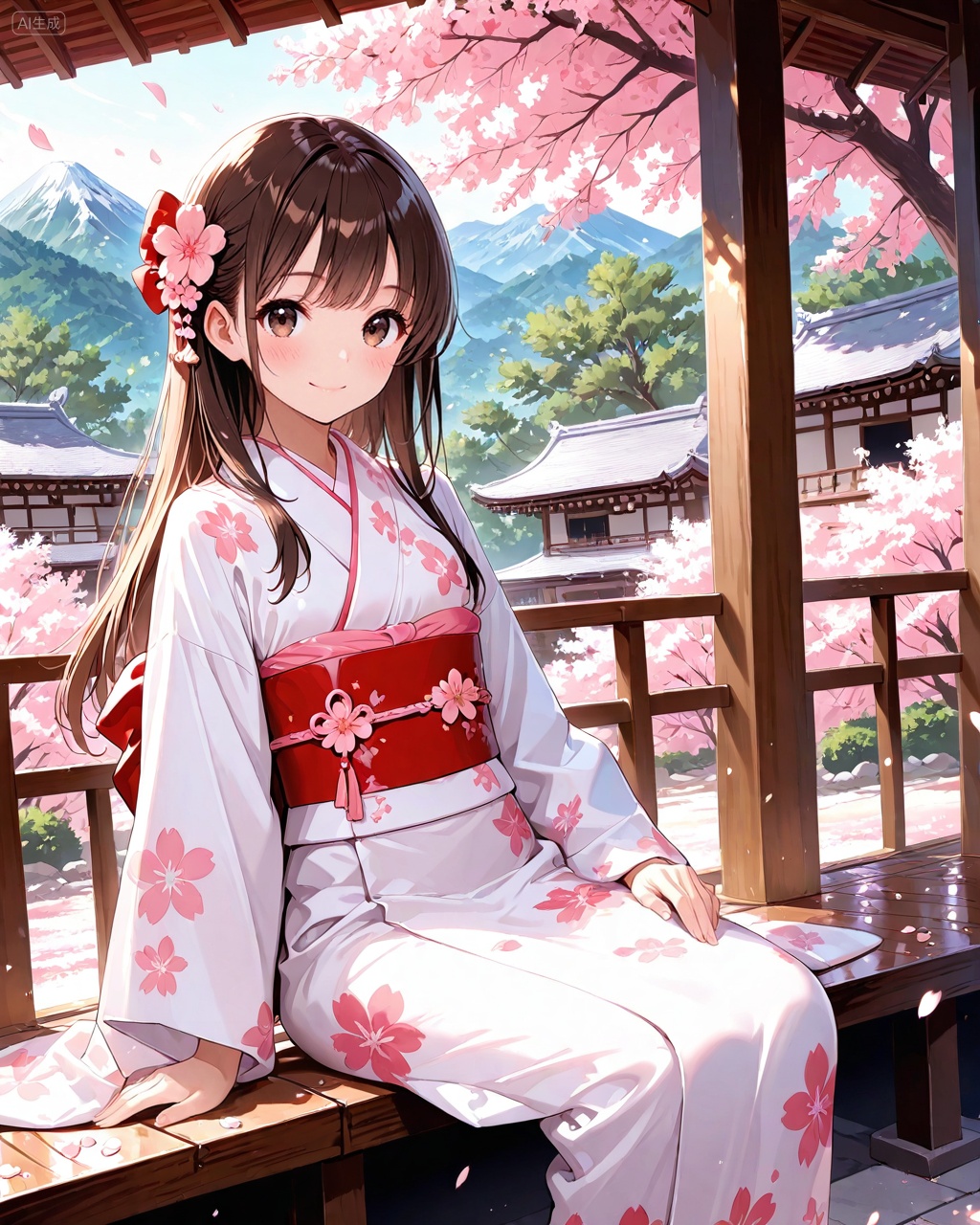 1girl, japanese clothes, solo, kimono, smile, brown hair, sitting, looking at viewer, hair ornament, outdoors, sash, hair flower, flower, blush, brown eyes, bangs, obi, long hair, cherry blossoms, white kimono, pink flower, long sleeves, closed mouth, wide sleeves, floral print, day, tree, architecture, petals, mountain, east asian architecture, feet out of frame, print kimono, Negative prompt: ((nsfw)),sketches,tattoo,(beard:1.3),(EasyNegative:1.3),badhandv4,(Teeth:1.3),(worst quality:2),(low quality:2),(normal quality:2),lowers,normal quality,facing away,looking away,text,error,extradigit,fewerdigits,cropped,jpegartifacts,signature,watermark,username,blurry,skinspots,acnes,skinblemishes,badanatomy,fat,bad feet,cropped,poorly drawn hands,poorly drawn face,mutation,deformed,tilted head.bad anatomy.bad hands,extra fingers,fewer digits.,extra limbs.extra arms,extra legs,malformed limbs.fused fingers.,too many fingers,long neck,cross-eyed,mutated hands,bad body,bad proportions,gross proportions,text,error,missing fingers,missing arms,missing legs,extra digit,extra arms,extra leg,extra foot,missing fingers,nsfw,,nsfw, Steps: 25, Sampler: DPM++ 2M Karras, CFG scale: 7.0, Image CFG scale: 1.5, Seed: 3920127487, Size: 1024x1280, Model hash: 9fefdb2c24, Model: 我大多数_1.0.safetensors, Denoising strength: 0.4, Clip skip: 2, RNG: CPU, Mask blur: 4, Lora 1: 动漫二次元眼睛刻画（基础XL）, Lora Hash 1: 488bf17588, Lora Weight 1: 0.8, Lora 2: 二次元厚涂风格模型, Lora Hash 2: 571eba0c12, Lora Weight 2: 0.4, Lora 3: 二次元动漫细节加强, Lora Hash 3: 600d97257e, Lora Weight 3: 0.3, Lora 4: Xian-T手部修复lora（不用controlnet也不坏手了）, Lora Hash 4: 4ec9e988a2, Lora Weight 4: 1.0, vae_name: automatic