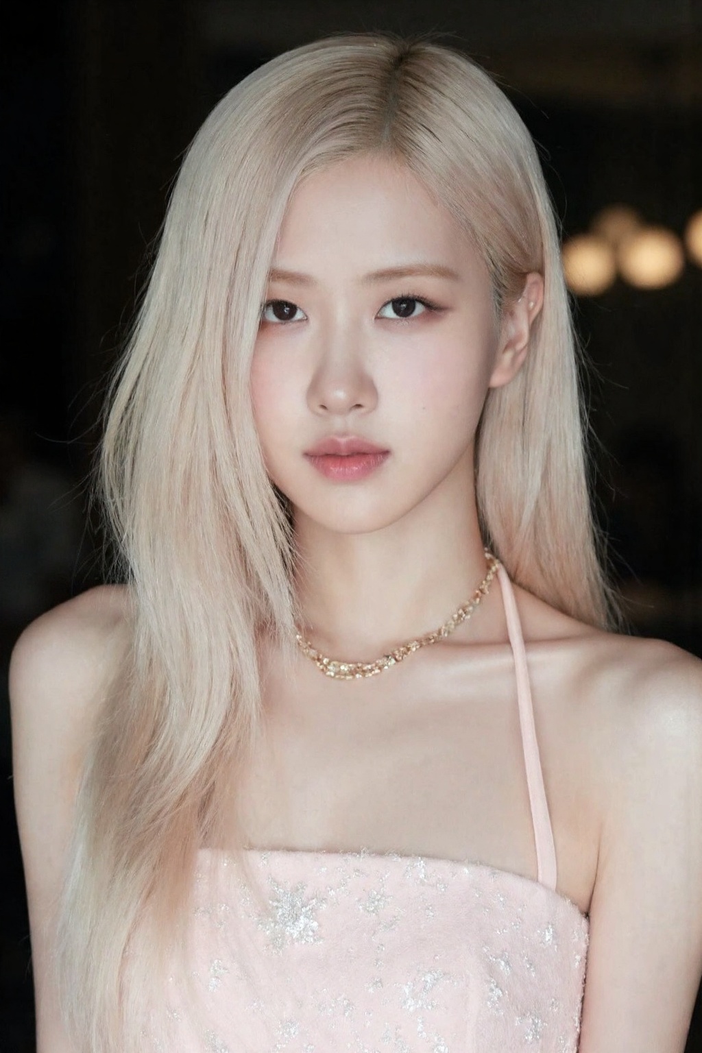 (medium full shot),  beautiful korean girl with platinum blonde long hair wearing halter dress,  necklace on Tensor.Art