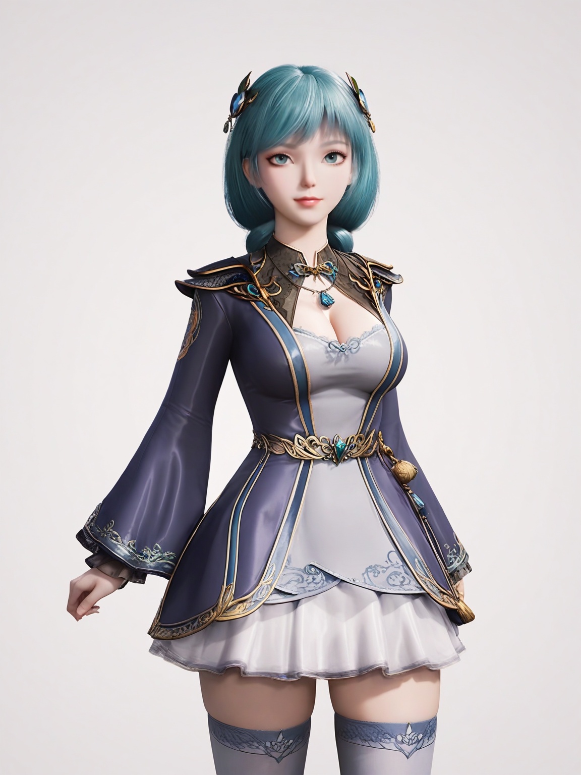 score_9,<lora:SF_XiaoXiao_Pony_Realism2.3-000004:0.7>,1girl,breasts,large breasts,standing,hair ornament,solo, dress,jewelry,skirt, thighhighs,cowboy shot,looking at viewer,white background,simple background,