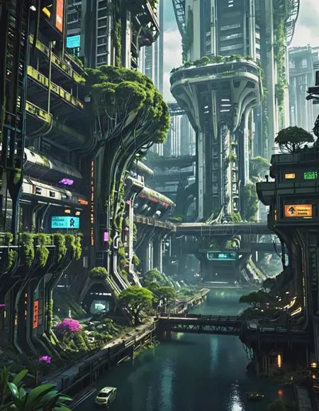 photo of vertical eco-arcology,  flooded futuristic canyon,  massive trees growing through structures on Tensor.Art