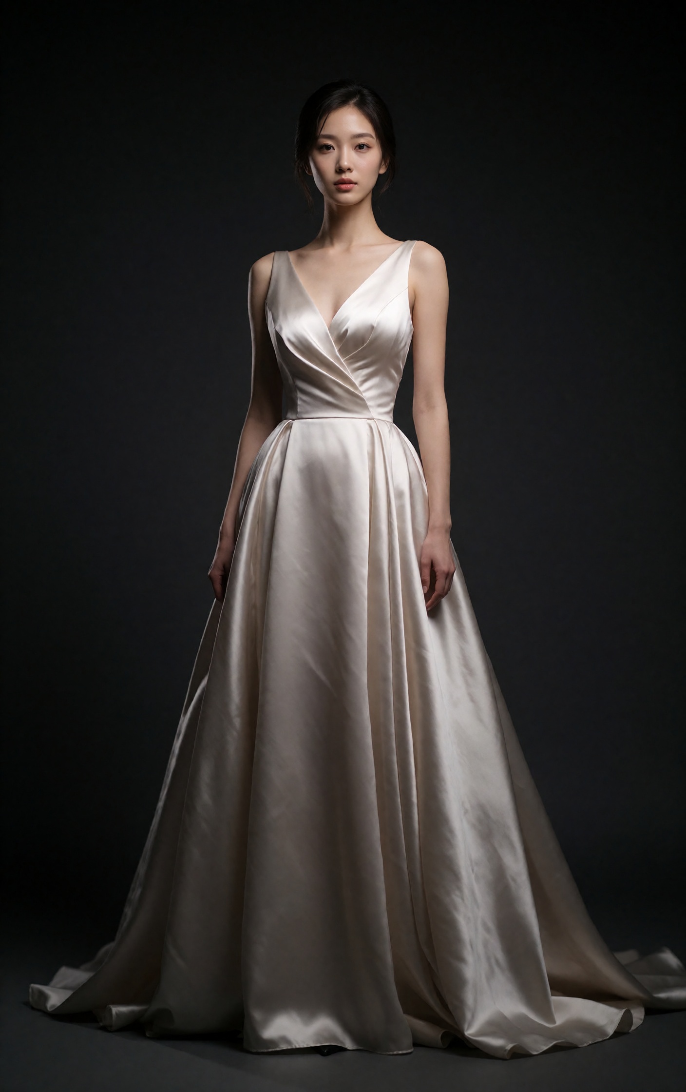 A stunning young Korean woman in a high-end fashion studio photoshoot,  standing confidently against a seamless dark charc...