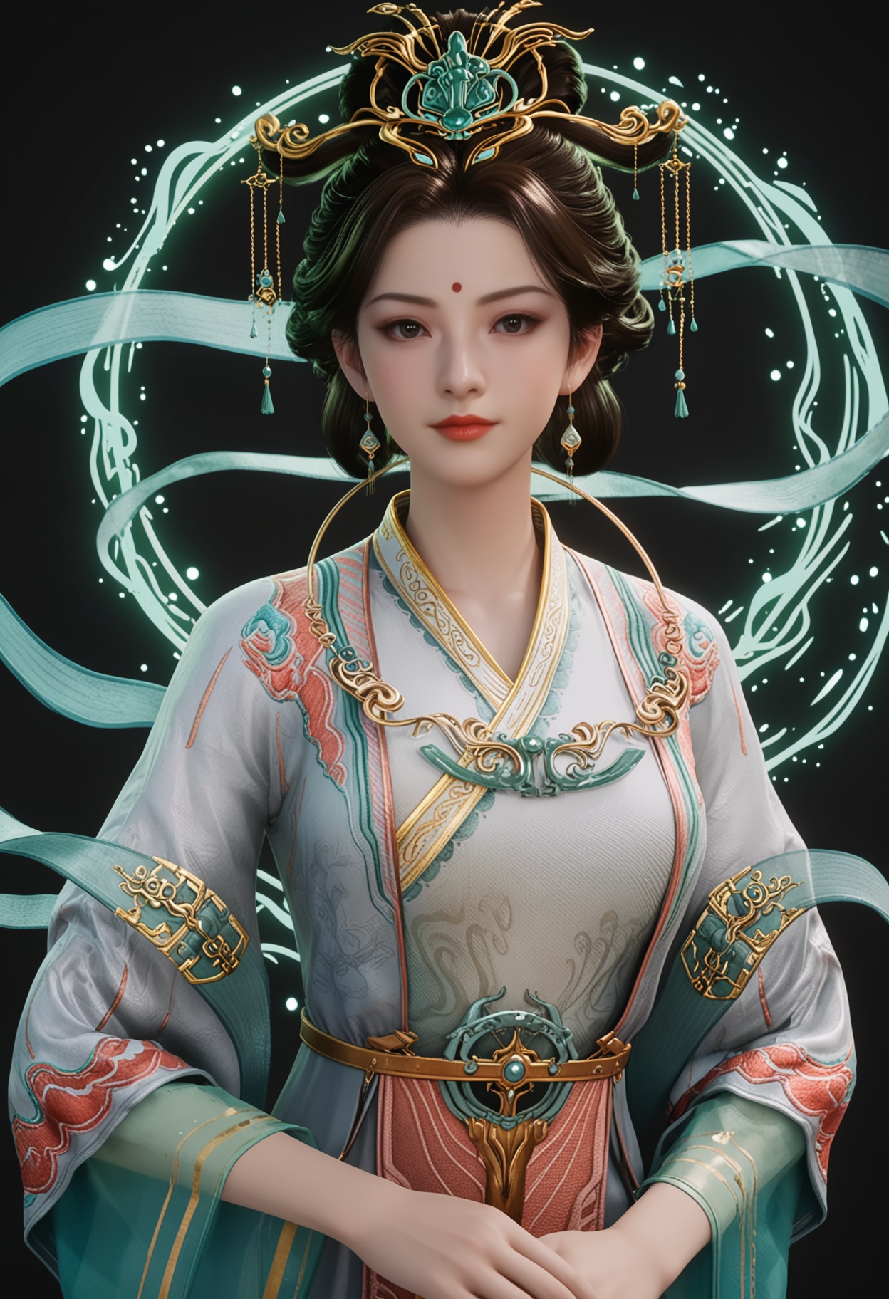 (cowboy shot:1.2),score_9,score_8_up,masterpiece,(best quality),intricate details,facing viewer,(looking at viewer:1.1),<lora:YQ_pony_xiwangmu_V4:0.8>,q1528437228,1girl,solo,jewelry,earrings,hair ornament,black hair,chinese clothes,forehead mark,red lips,long sleeves,makeup,dress,hanfu,hair bun,updo,brown hair,black eyes,wide sleeves,brown eyes,hair stick,shawl,necklace,hair rings,forehead jewel,single hair bun,hagoromo,BREAKscore_9,score_8_up,masterpiece,(best quality),perfect anatomy,(hourglass),perfect face,(simple background,pure black background,black background:1.1),fair_skin,shiny_skin,Ivory_skin,