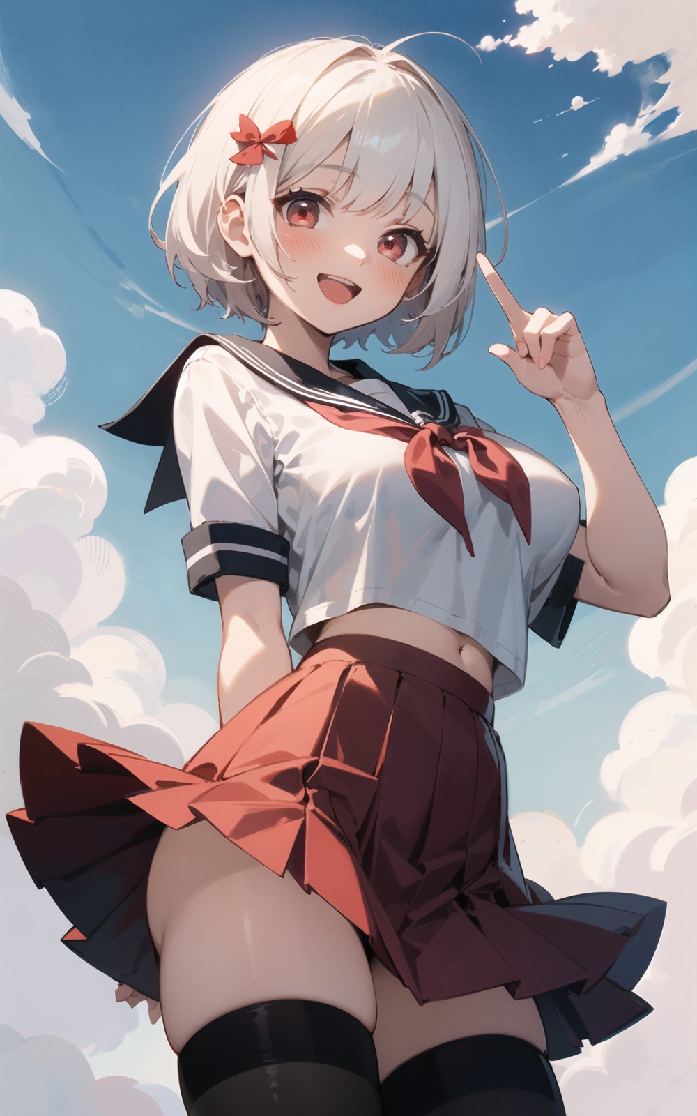 breasts, 1girl, underboob, hair_ornament, open_mouth, blush, white_hair, dress, short_hair, bangs, large_breasts, smile,navel, solo, brown_hair, thighhighs, skirt, red_eyes, index_finger_raised, open_mouth, smile, red_skirt, cloud, sky, finger_to_mouth, school_uniform, looking_at_viewer, ribbon, black_legwear, sailor_collar, long_hair, day, white_shirt, red_ribbon, serafuku, shirt, pleated_skirt, bangs, hair_ribbon