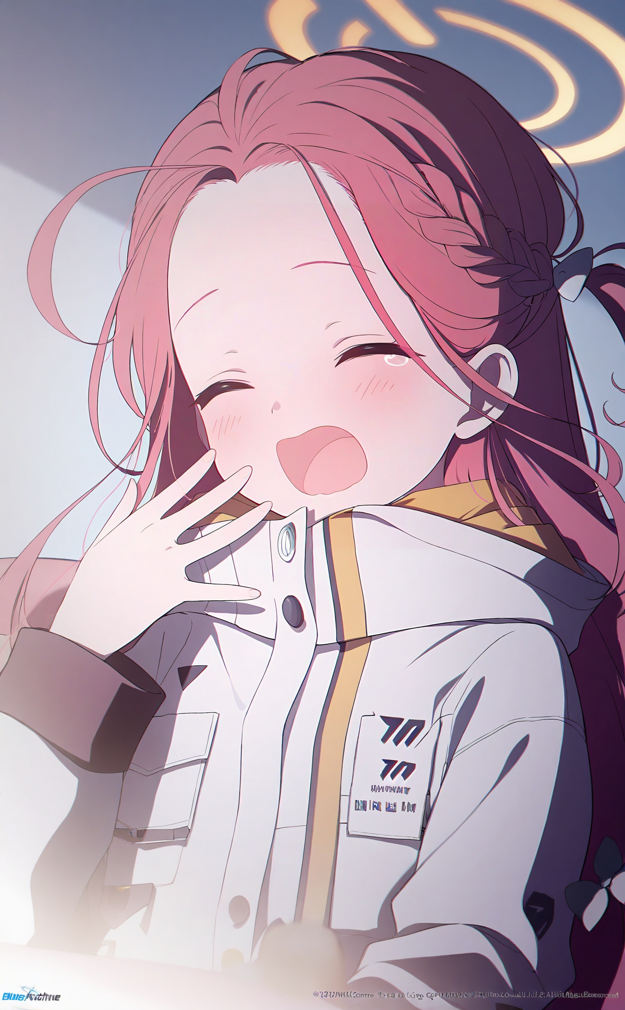 masterpiece,highres,absurdres,newest,best quality,high quality,loli,petite,chromatic_aberration,//,1girl,yuzu_\(blue_archive\),solo,red_hair,long_hair,jacket,open_mouth,yawning,closed_eyes,white_jacket,braid,forehead,blush,long_sleeves,tears,upper_body,one_side_up,copyright_notice,copyright_name,company_name//,<lora:ba33——【noob】hans:1>,
