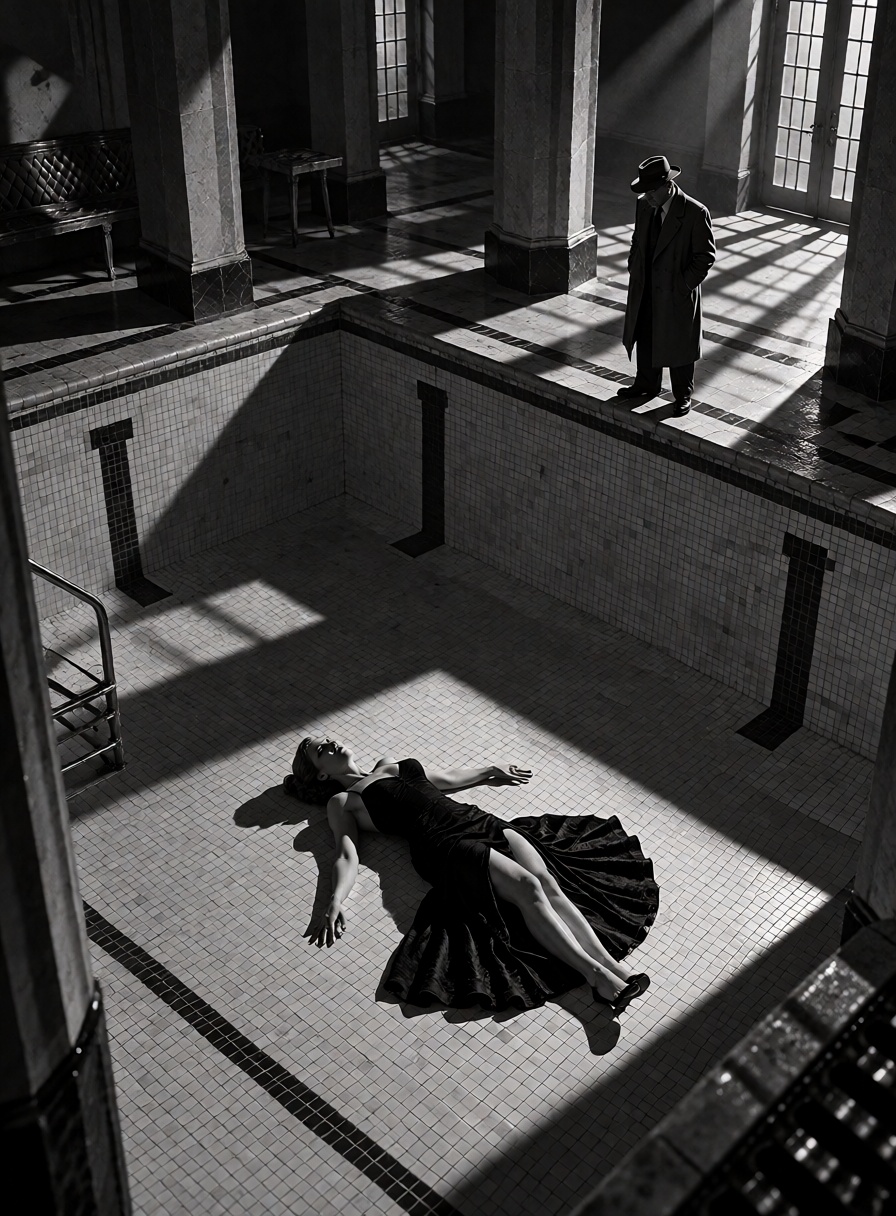 A beautiful woman in a luxurious black evening dress lies unconscious at the bottom of a gigantic empty Art Deco swimming...