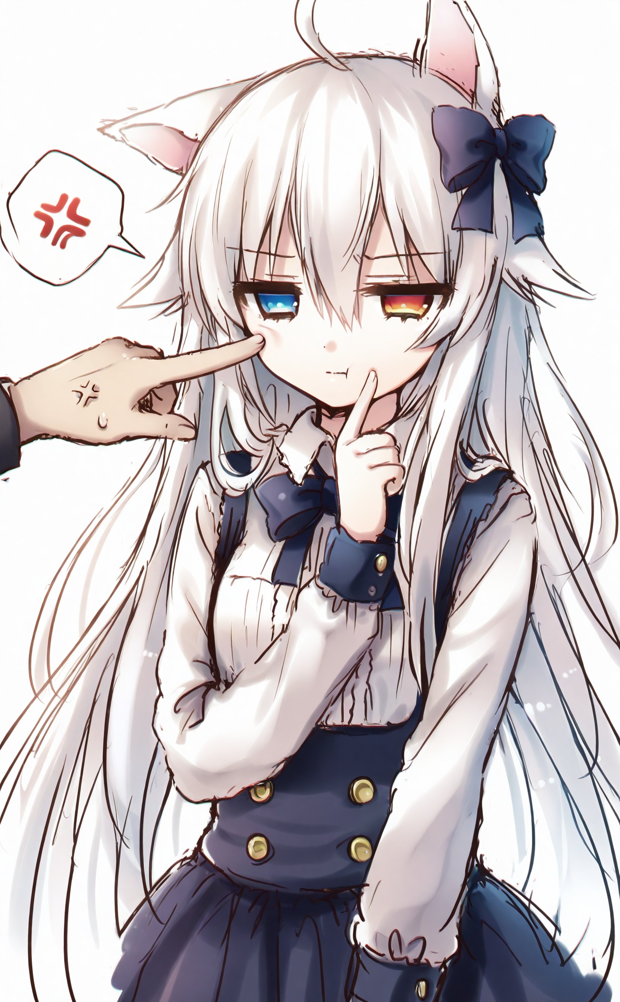 masterpiece,absurdres,best quality,((petite)),loli,high quality,chromatic_aberration,shiny_skin,//,heterochromia, animal_ears, poking, 1girl, anger_vein, cheek_poking, cat_ears, spoken_anger_vein, long_hair, solo_focus, white_hair, ahoge, bow, white_background, simple_background, hair_bow, blue_eyes, sketch, jitome//,<lora:月影ネム——【CKXL】hans:1>,