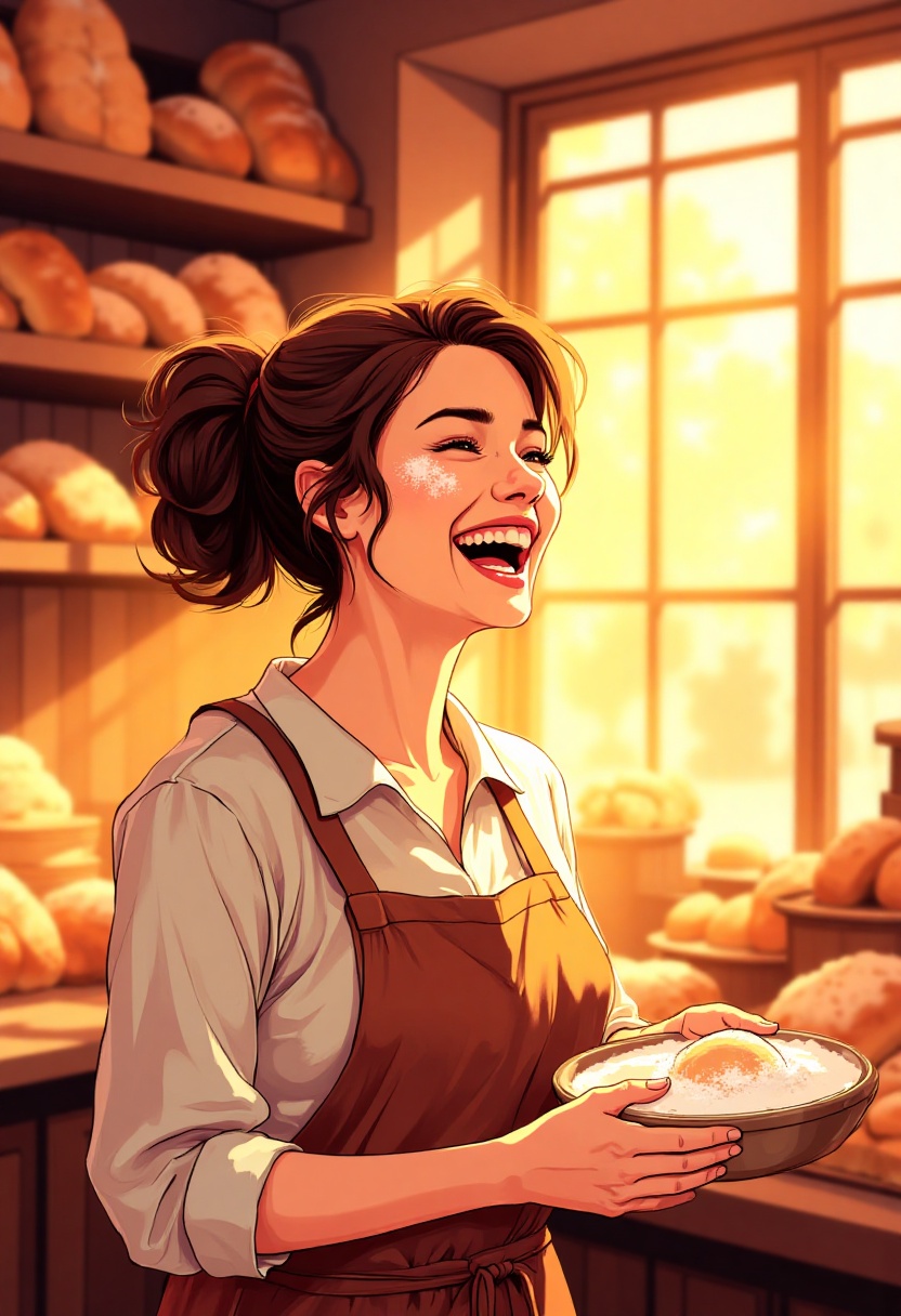 Impressionism,  (A 2D European comic book illustration with clearly recognizable line art of a joyful baker laughing heart...