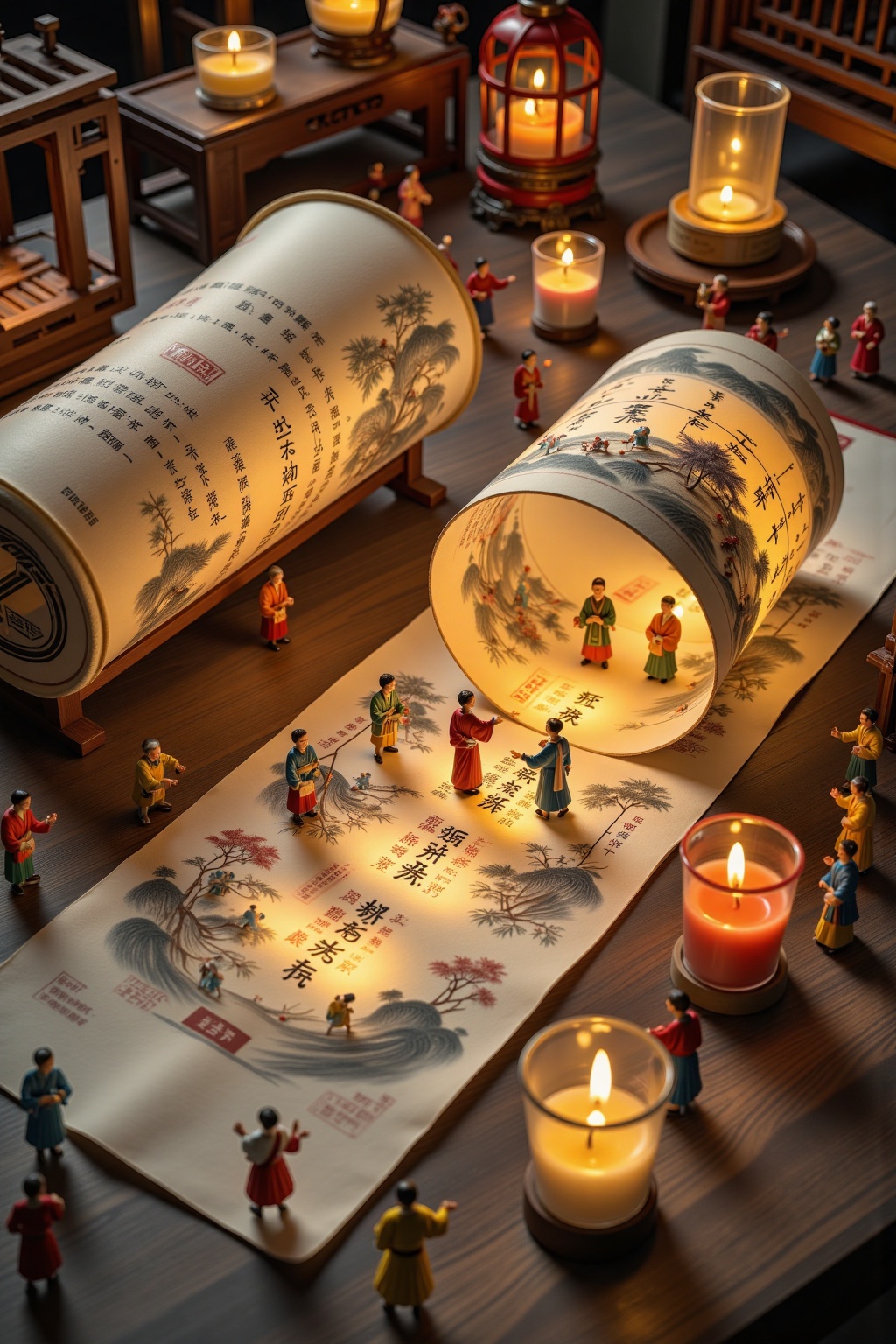 A work of art that combines ancient poetry and character scenes,where two ancient people travel into a painting and walk and talk under candlelight, The scroll is engraved with ancient poetry lines,combining Chinese style elements with realistic techniques to showcase the charm of Eastern aesthetics. A large paper tube is used as the visual center,surrounded by small dolls and candles to create an atmosphere,and lighting is used to illuminate specific areas,creating variations in depth and depth,