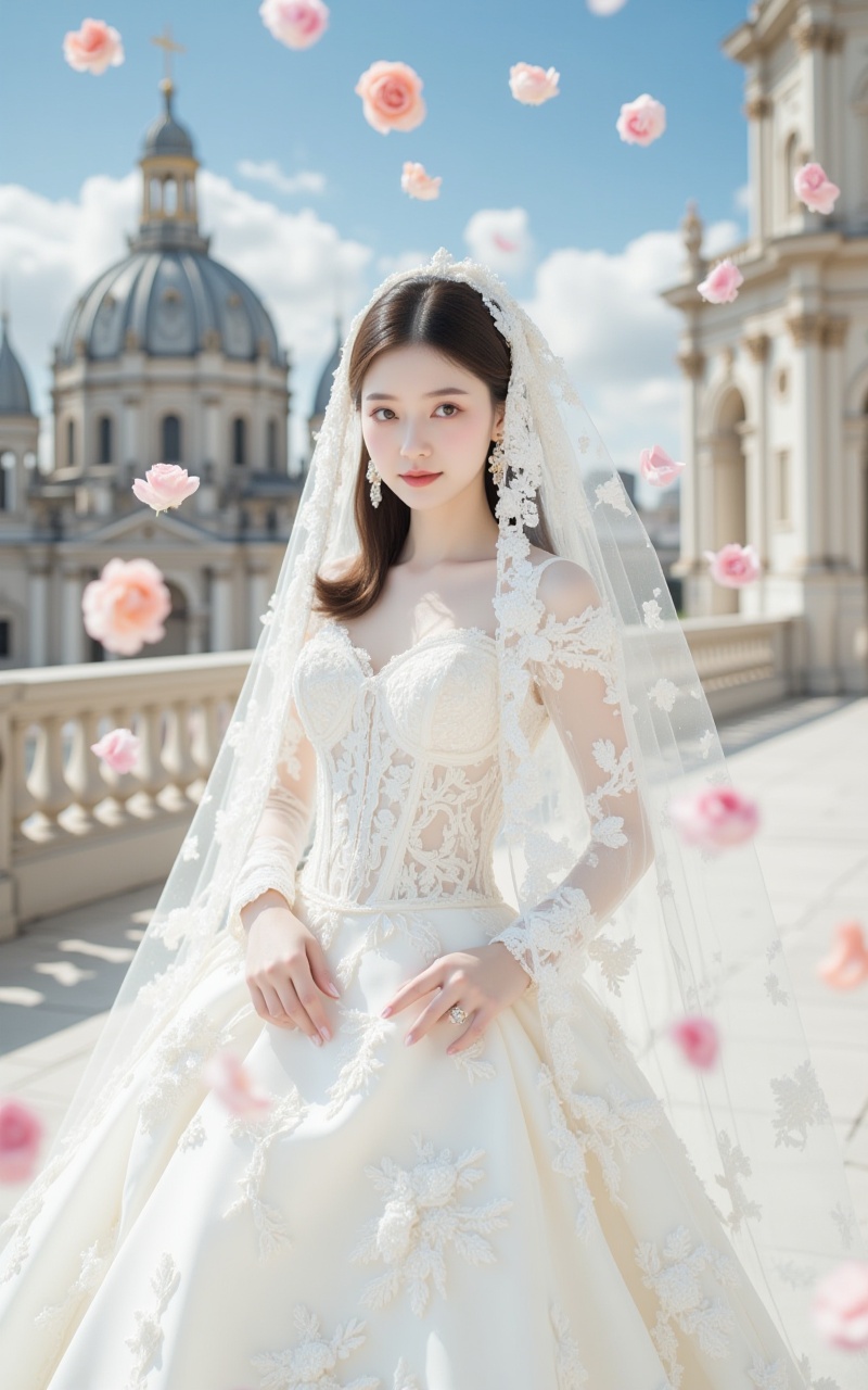 <lora:婚纱14.2:0.9>,hunsha,a woman in a white wedding dress,standing,adorned with a veil,The dress is adorned with white floral designs,adding a touch of beauty to the scene. The woman's hair is styled in a sleek bob,and she's wearing a pair of earrings on her left ear. The backdrop is a stark white wall,in the background,flower,in front of a glorious cathedral,blue sky and white clouds,a large number of rose petals flying in the air,<lora:时尚滤镜10:0.5>,