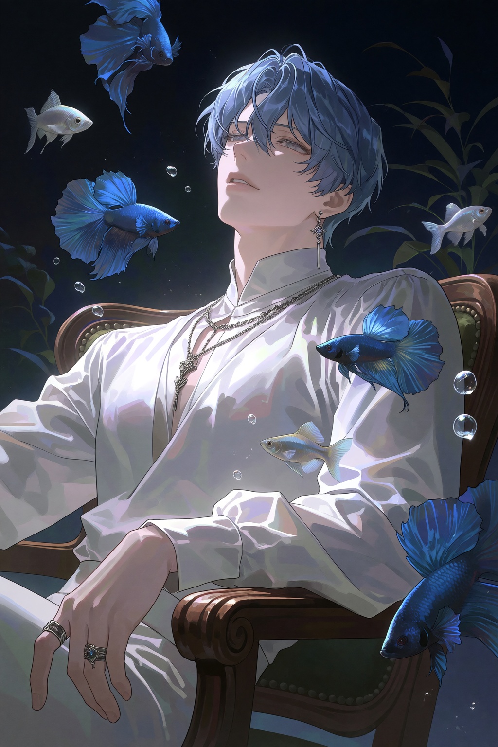 A medium shot depicts a man with messy short blue hair and silver eyes leaning back in a wooden armchair,  surrounded by f...