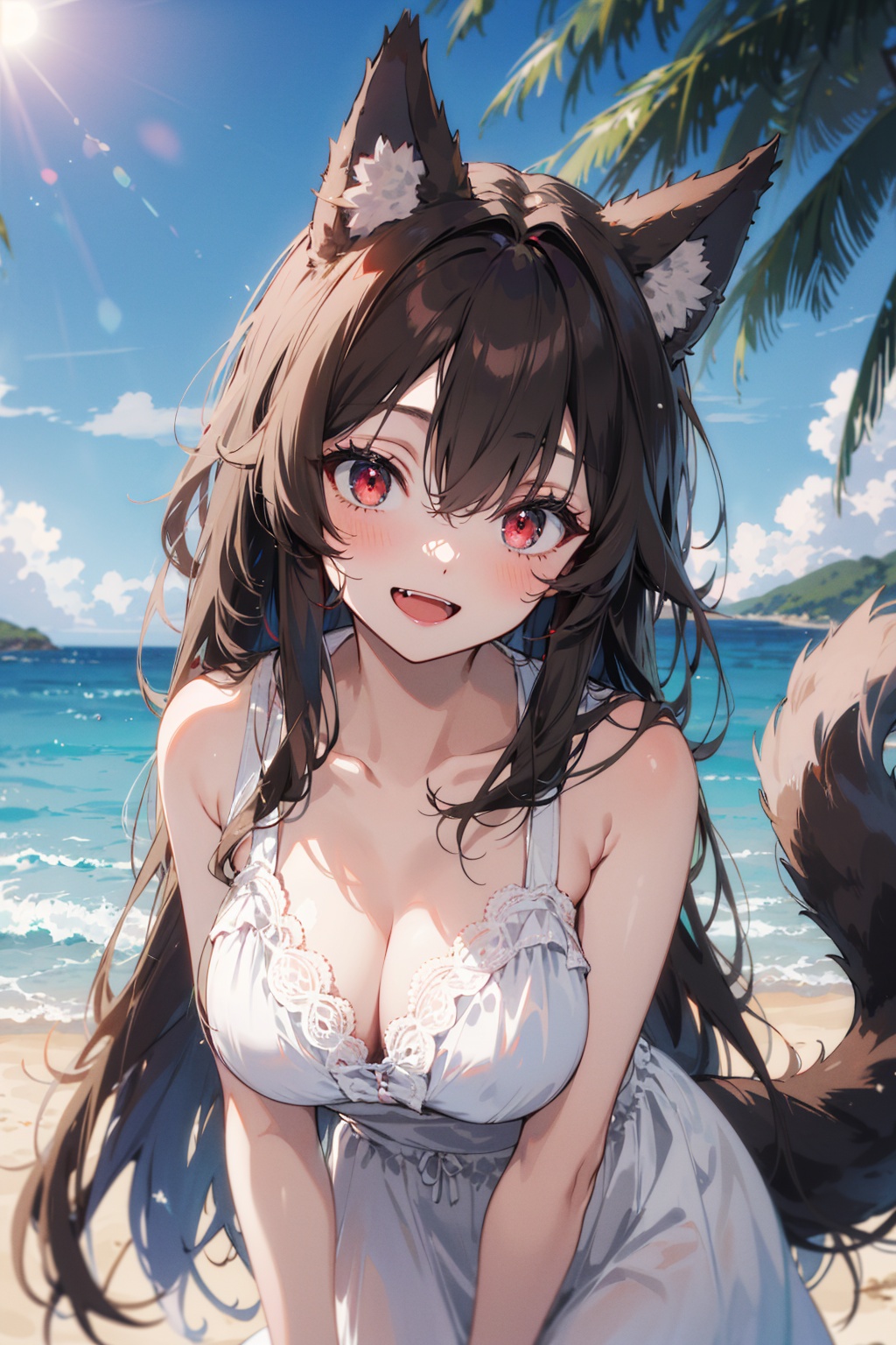 masterpiece,best quality,1girl,solo,looking at viewer,brown hair,hair between eyes,bangs,very long hair,red eyes,wolf ears,wolf tail,blush,open mouth,smile,:d,fang,large breasts,bare shoulders,(white sundress),upper body,leaning forward,outdoors,sun,sea,beach,day,blurry background