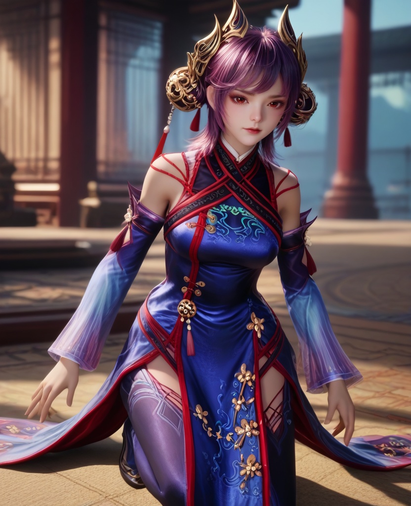 (oriental architecture, elegant decor, sophisticated style:1.1),(Crouching low with hands on the ground, ready for action or play,:1.1),(breasts:1.2),<lora:XL16牧神记司芸香:0.95>,miss siyunxiang,china dress with blue violet,red eyes,purple hair,double bun,hair ornament,cutout pants,wide cuffs,, score_9,score_8_up,score_7_up,score_6_up,score_5_up,score_4_up,3d rendering,tag1,tag2, Cinematic Lighting,backlighting,