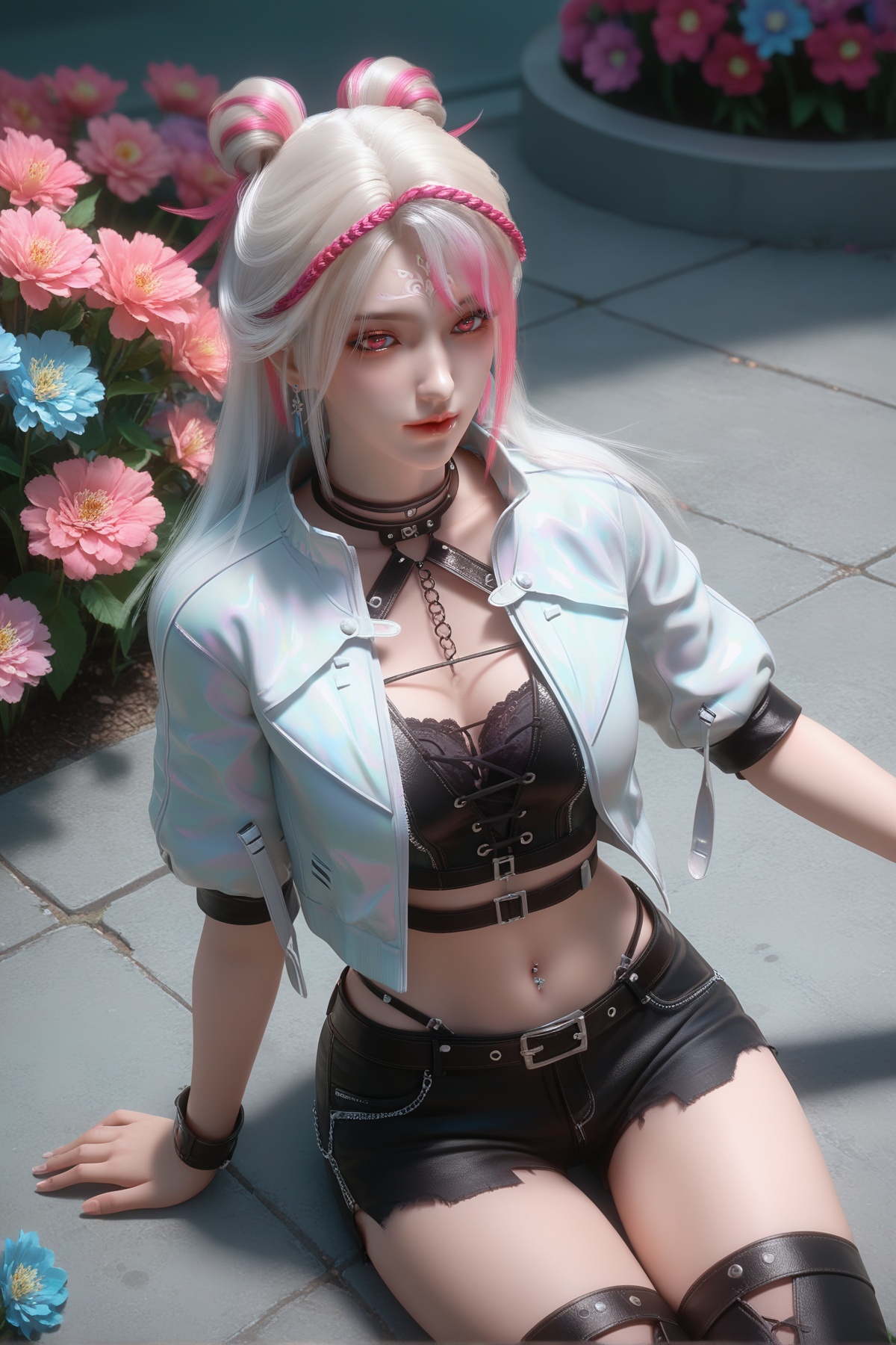 score_9,score_8_up,score_7_up,<lora:wy_xiaocheng_XL7.0:0.8>,1girl,long hair,breast,medium breasts,earrings,hair_ornament,dress,pink eyes,thick_thighs,flower,many flowers,very many flowers,wetting,dark,sitting,on_ground,from_above,multicolored hair,jacket,pink hair,navel,navel piercing,white hair,midriff,streaked hair,cropped jacket,shorts,black pants,open jacket,open clothes,white jacket,crop top,hair bun,choker,forehead mark,