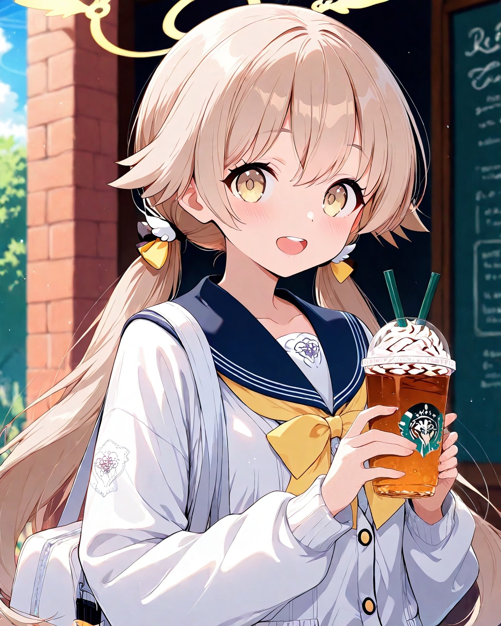 O,ultra detailed anime texture,1girl, hifumi (blue archive), solo, yellow eyes, halo, looking at viewer, outdoors, blush, drinking straw, holding, open mouth, long hair, cup, twintails, school uniform, sky, sailor collar, smile, long sleeves, day, bangs, disposable cup, upper body, light brown hair, holding cup, white cardigan, hair ornament, cloud, low twintails, blurry, blurry background, teeth, blue sky, cardigan, bag, blonde hair, hair between eyes, serafuku,(UHD),anatomically correct,accurate,textured skin,super detail,high details,award winning,best quality,high quality,retinal,HD,16k,1080P,