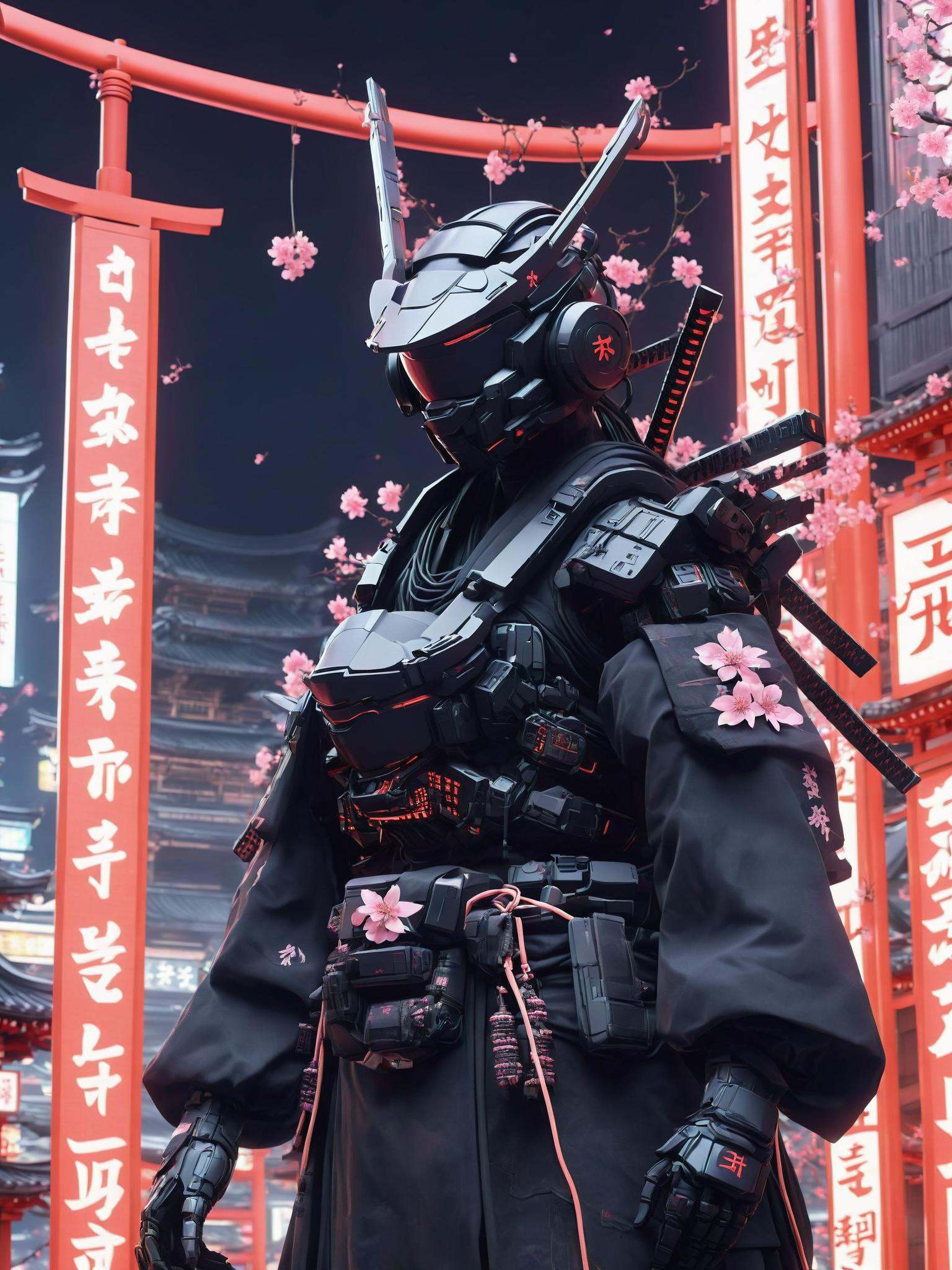 In the heart of a sprawling metropolis,  an enigmatic cybernetic ninja stands sentinel at a digitalized Shinto temple. Cla...