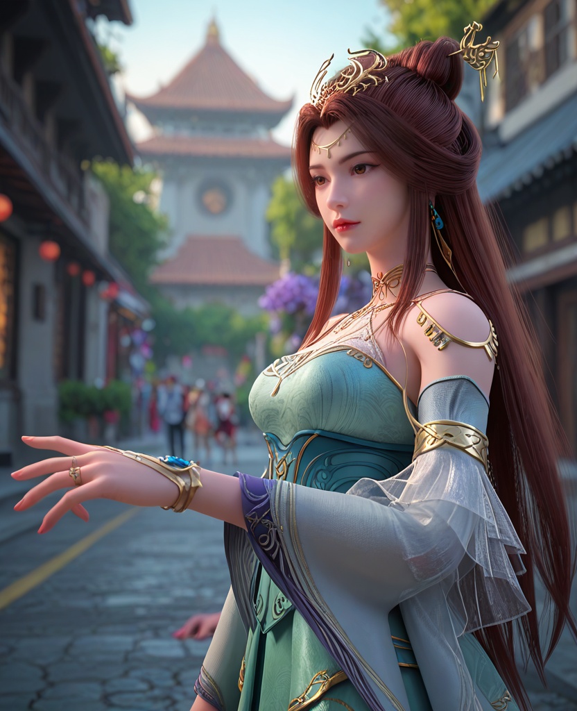 (oriental architecture, elegant decor, sophisticated style:1.1),(Walking on a path with arms raised to feel the breeze, embracing the feeling of freedom,:1.1),(breasts:1.2),<lora:XL百炼成神苏灵韵:0.95>,miss sulingyun,brown hair,long hair,green dress,hair ornament,jewelry,detached sleeves,brown eyes,hair bun,bare shoulders,earrings,flower bracelet,breasts,, zPDXL2, score_9, score_8_up, score_7_up BREAK realistic, masterpiece,best quality, highly detailed,, zPDXL3, zPDXL2,zPDXL, zPDXLxxx, zPDXLrl,