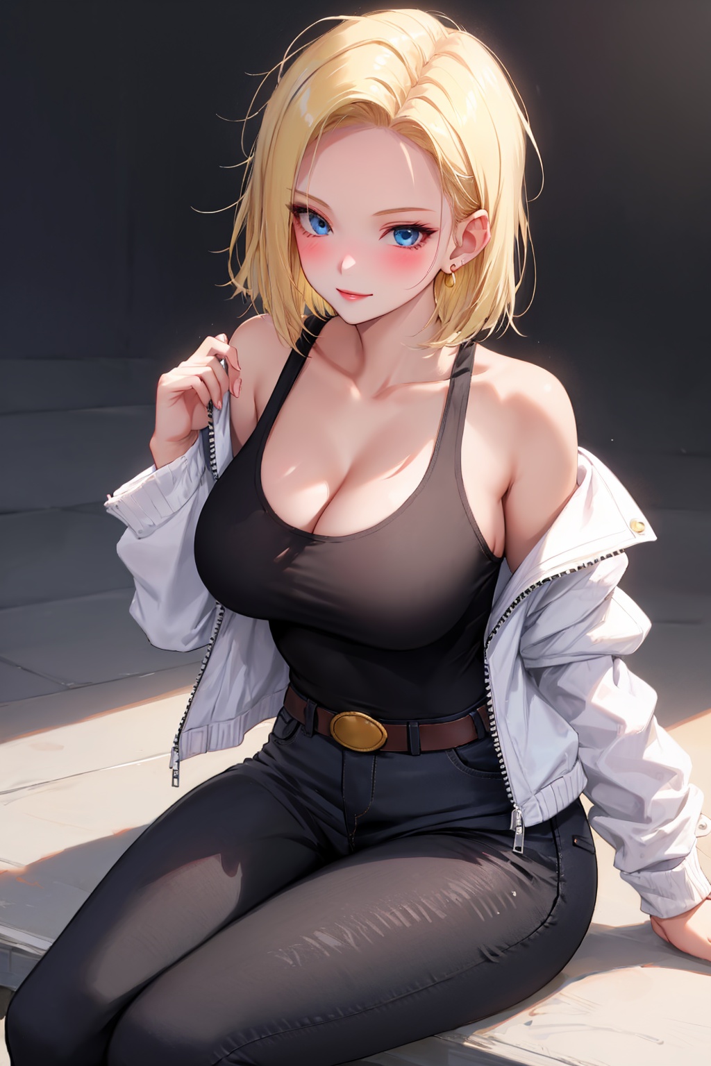 <lora:android18-lora-nochekaiser:1>,<lora:android_18_v110:0.4>,1girl,breasts,solo,blue eyes,blonde hair,large breasts,jewelry,cleavage,android 18,earrings,looking at viewer,pants,off shoulder,short hair,bare shoulders,collarbone,jacket,forehead,closed mouth,high-waist pants,sitting,open clothes,**** top,parted bangs,shirt,bangs,lips,white jacket,open jacket,denim,black pants,long sleeves,smile,blush,