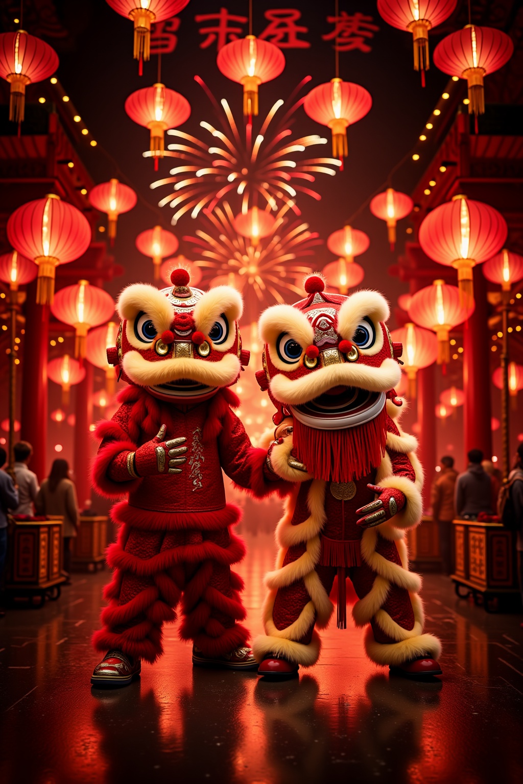 china red,china red,the lively Chinese New Year streets are decorated with lanterns and red lanterns. People are dressed in festive traditional costumes with happy smiles on their faces. Gorgeous fireworks are blooming in the air,illuminating the whole night,the street food stalls are steaming,and the traditional dragon and lion dance team is performing happily.,