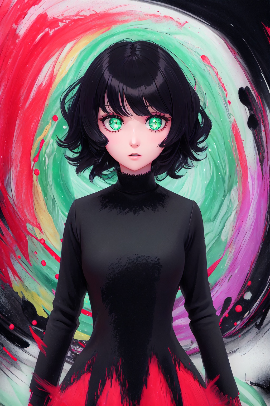 black hair,  short hair,  green eyes on Tensor.Art