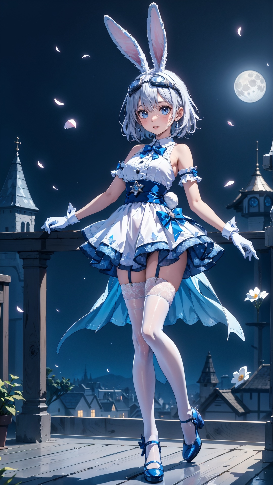 tutututu,1girl,solo,rabbit ears,white dress,white gloves,white thighhighs,blue footwear,goggles on head,sleeveless dress,bangs,blue bow,white hair,short hair,<lora:SY-000010:0.7>,masterpiece,best quality,1girl,(colorful),(finely detailed beautiful eyes and detailed face),cinematic lighting,bust shot,extremely detailed CG unity 8k wallpaper,((flying petal)),(Flowery meadow),sky,cloudy_sky,building,moonlight,moon,night,(dark theme:1.3),light,fantasy,
