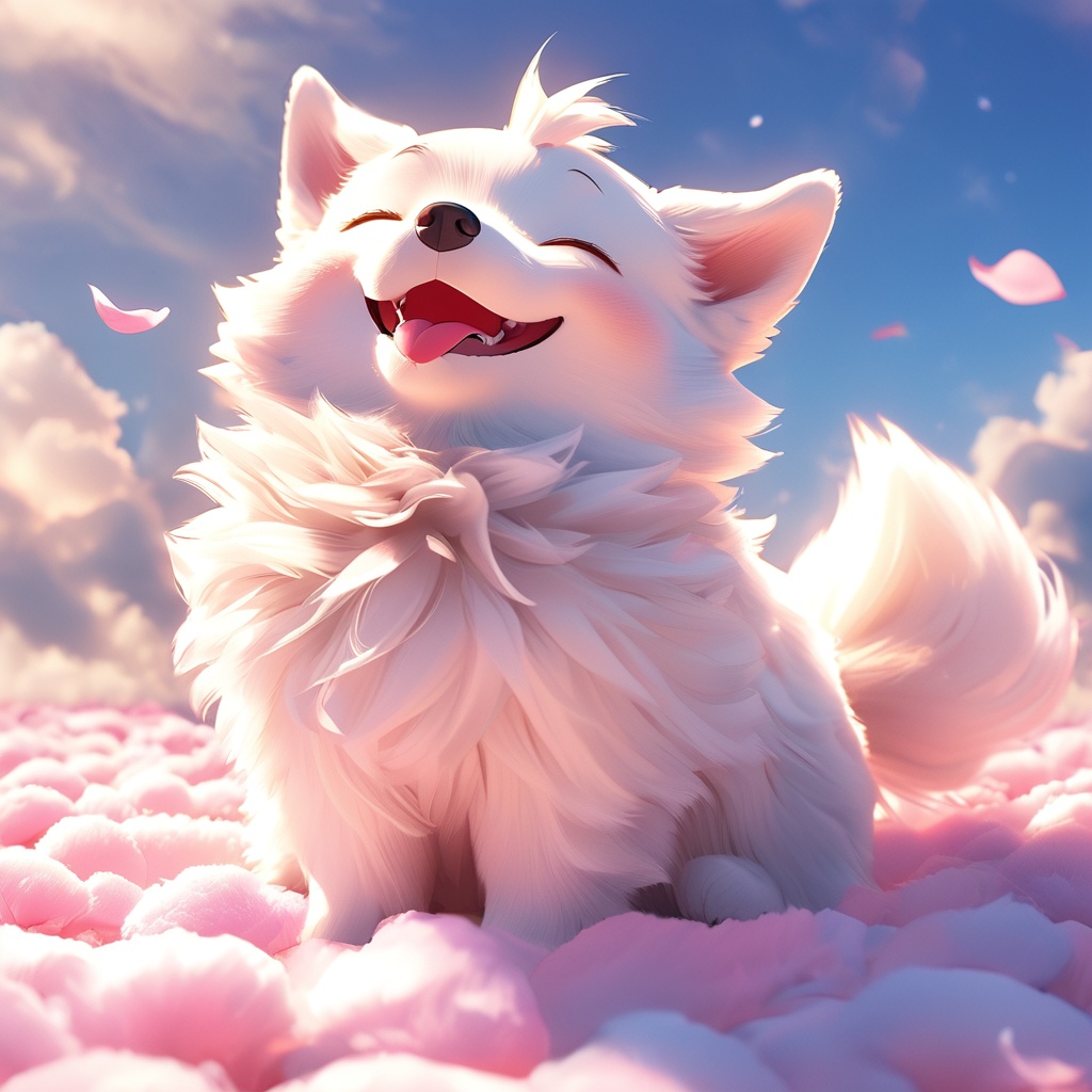 xugou, dog, fluffy, light particles, ^ ^, whiskers, cute, warm colors, whimsy and dramatic lighting, white fur, soft lighting, dog focus, no humans, petals, closed eyes, solo, day, outdoors, open mouth, fangs, sky, smile, happy, fang, blue sky, full body, cloud, blush, blurry, tongue, simple background, sitting,<lora:xugou_xl:0.8>,