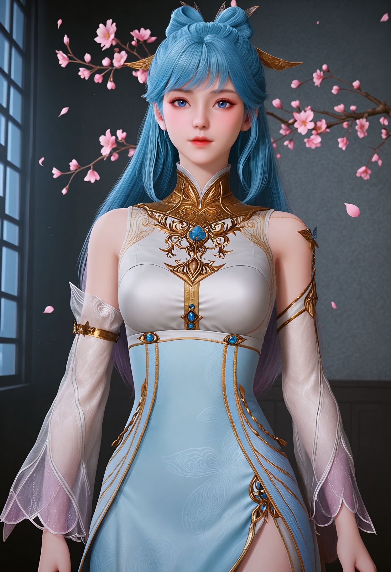 (full_body:1.1),(looking_at_viewer:1.1),(masterpiece:1.1),(best quality:1.2),(intricate details),(smog:1.3),(Dark room:1.3),(dim lighting:1.3),peach blossom,falling petals,<lora:YQ_Illustrious光辉v5_唐舞桐_V1:0.8>,q1528437228:1.1),1girl,blue_hair,long_hair,hair_ornament,blue_eyes,bare_shoulders,realistic,jewelry,hair_rings,multicolored_hair,gradient_hair,hair_bun,dress,chinese_clothes,china_dress,long_dress,detached_sleeves,masterpiece,(best quality),(intricate details:0.9) BREAK (intricate details:0.9),(realistic skin:1.2),masterpiece,best quality,newest,absurdres,hiahres,