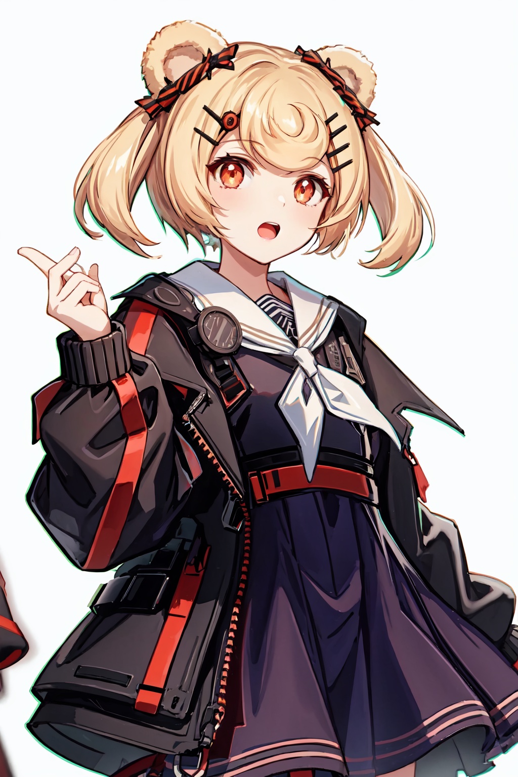 gummy_(arknights),1girl,candy_hair_ornament,open_mouth,hairclip,solo,sailor_dress,looking_at_viewer,long_sleeves<lora:gummy_(arknights):1>,simple background,white backgroundmasterpiece,best quality, highly detailed, 