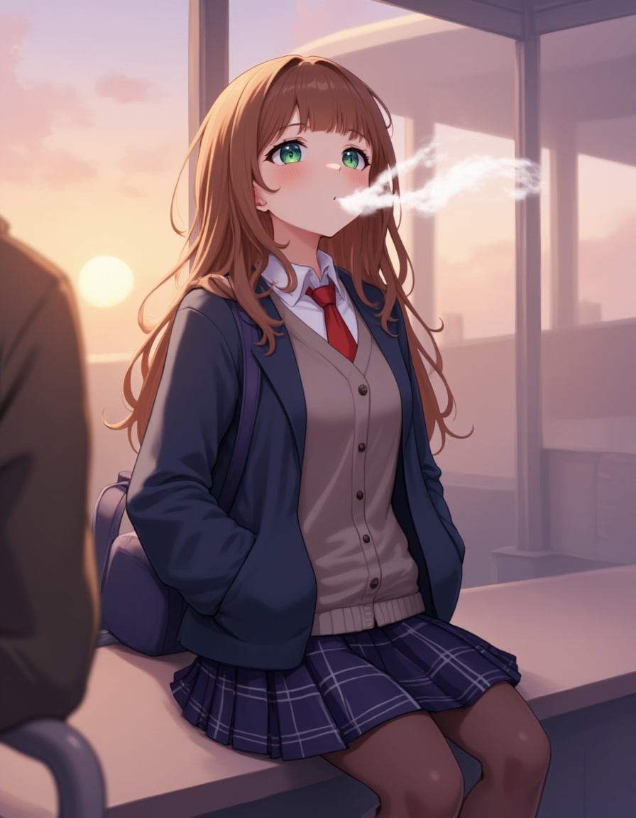 1girl, pleated skirt, checkered skirt, dark blue skirt, sitting, looking up, steam from mouth, hands in pockets, dark blue jacket, grey cardigan, white shirt, collared shirt, red tie, brown hair, blunt bangs, green eyes, dawn, sunrise, bus stop, parted lips, long hair, wavy hair, dark blue handbag, solo,(isshiki \(ffmania7\):0.5),