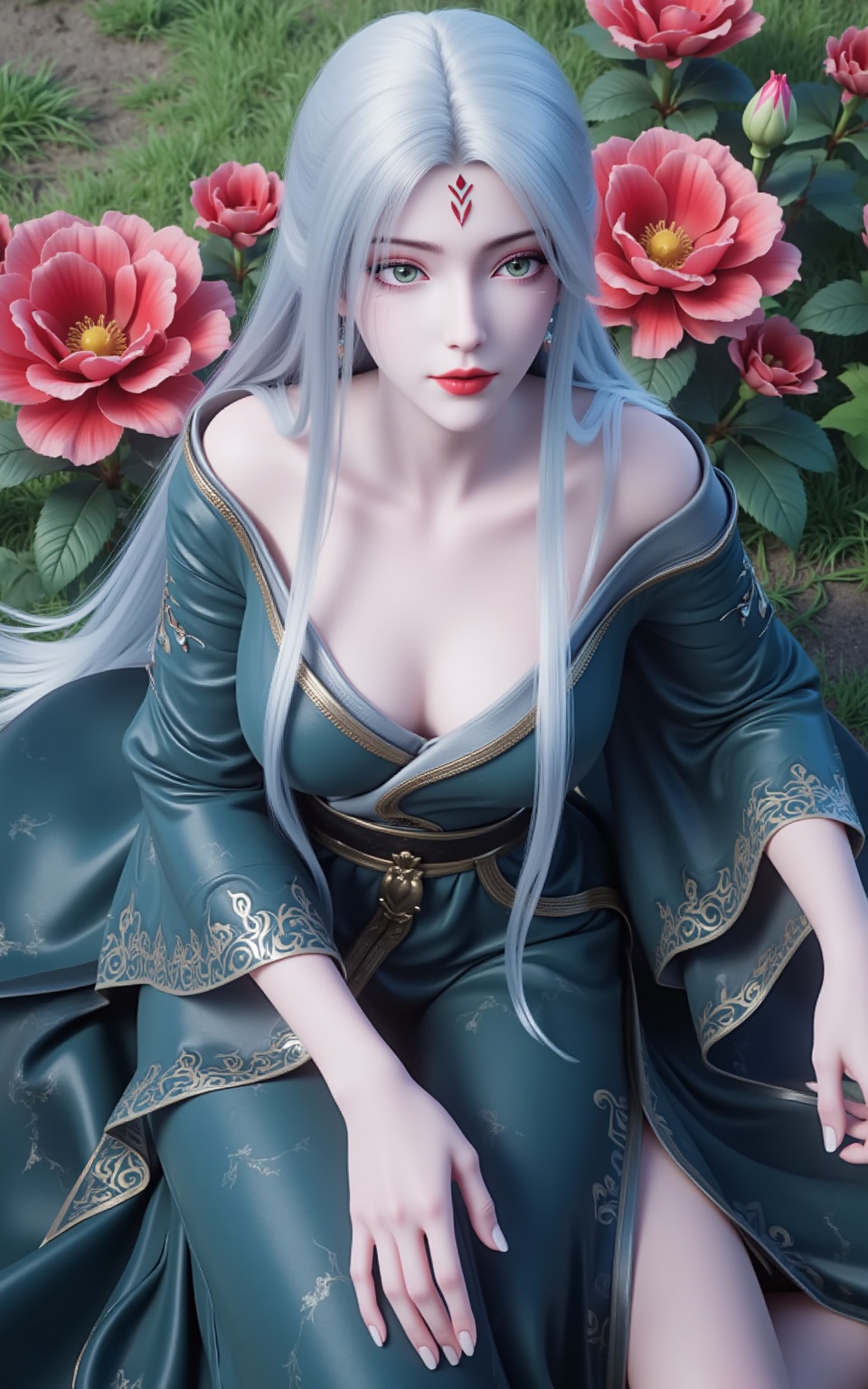 xiaobai,flowers,huge flowers,parks,meadows,1girl,solo,long hair,breasts,green eyes,collarbone,white hair,makeup,facial mark,lipstick,robe,forehead mark,serafuku,dress,long sleeves,aqua eyes,bare shoulders,red lips,wide sleeves,silver hair,eyeshadow,off shoulder,(Full-body:1.4),Long skirts,cloth shoes,(Sitting:1.4),Dynamic angles,dynamic poses,The palace,the ancient buildings,