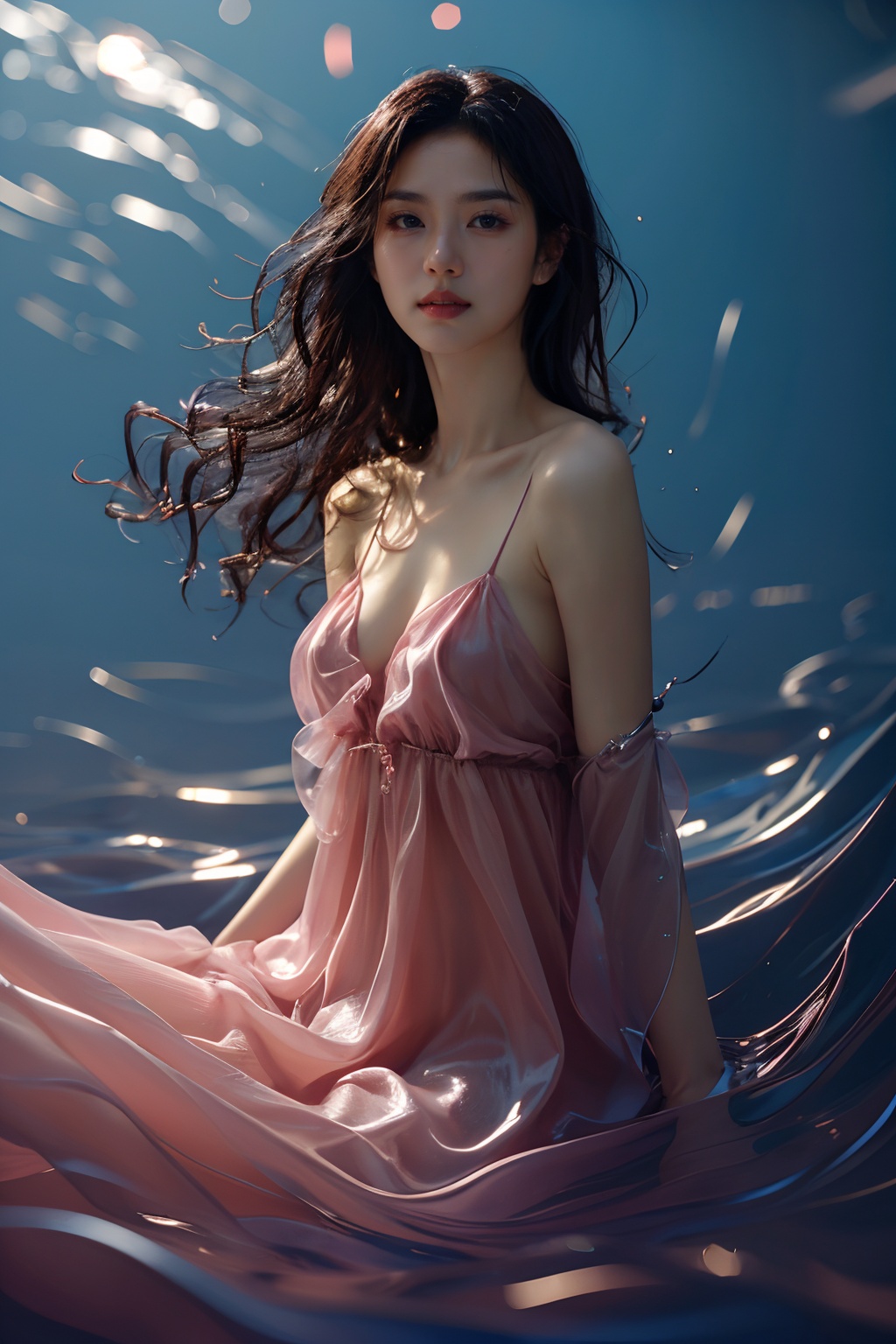 sd mai, piao, 1girl, solo, long hair, realistic, dress, breasts, looking at viewer, bare shoulders, parted lips, lips, pink dress, brown hair, water, black hair, collarbone <lora:飘piao:0.7>