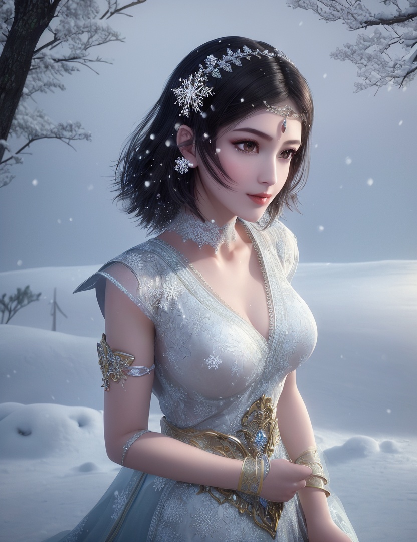 ultra realistic 8k cg, flawless, clean, masterpiece, professional artwork, famous artwork, cinematic lighting, cinematic bloom, perfect face, beautiful face, fantasy, dreamlike, unreal, science fiction,   lace, lace trim, lace-trimmed legwear, luxury, jewelry, diamond, gold, pearl, gem, sapphire, ruby, emerald, intricate detail, delicate pattern, charming, alluring, seductive, erotic, enchanting, hair ornament, necklace, earrings, bracelet, armlet,halo,autumn,((,1girl, pov,best quality, ))  , ((((1girl, solo,outdoors, large breasts,,snowflakes,  snow, snowing,   ))))    <lora:DA_BaiCai:0.7>