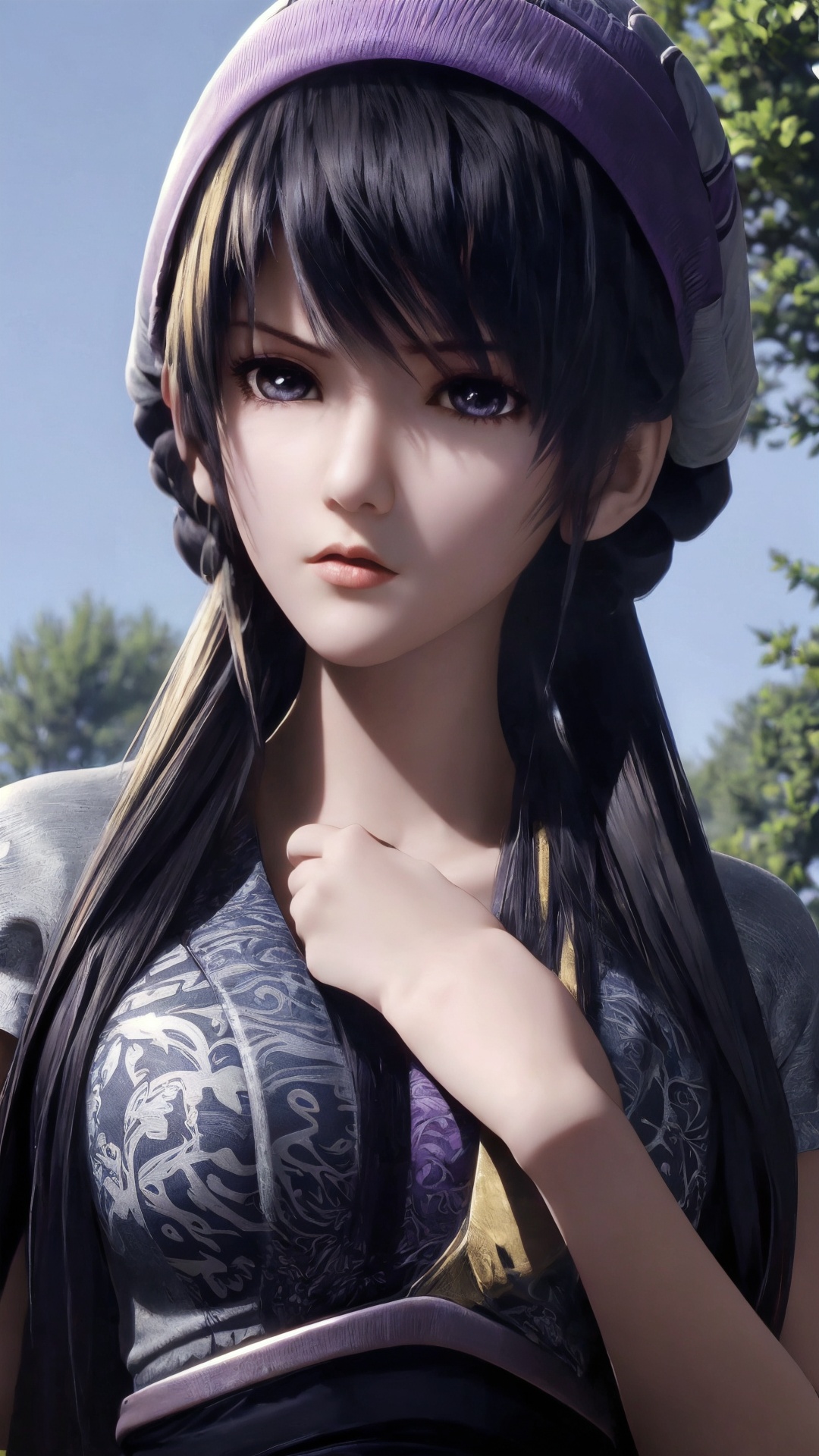 The image is a close-up portrait of a young woman with dark hair and a purple hat. She is wearing a black and gold outfit with intricate patterns and designs. The woman is holding a sword in her right hand and appears to be ready for battle. She has a serious expression on her face and is looking directly at the camera. The background is blurred,but it seems to be an outdoor setting with trees and a blue sky. The overall mood of the image is intense and dramatic.,<lora:1.5端木蓉(2):0.8>,