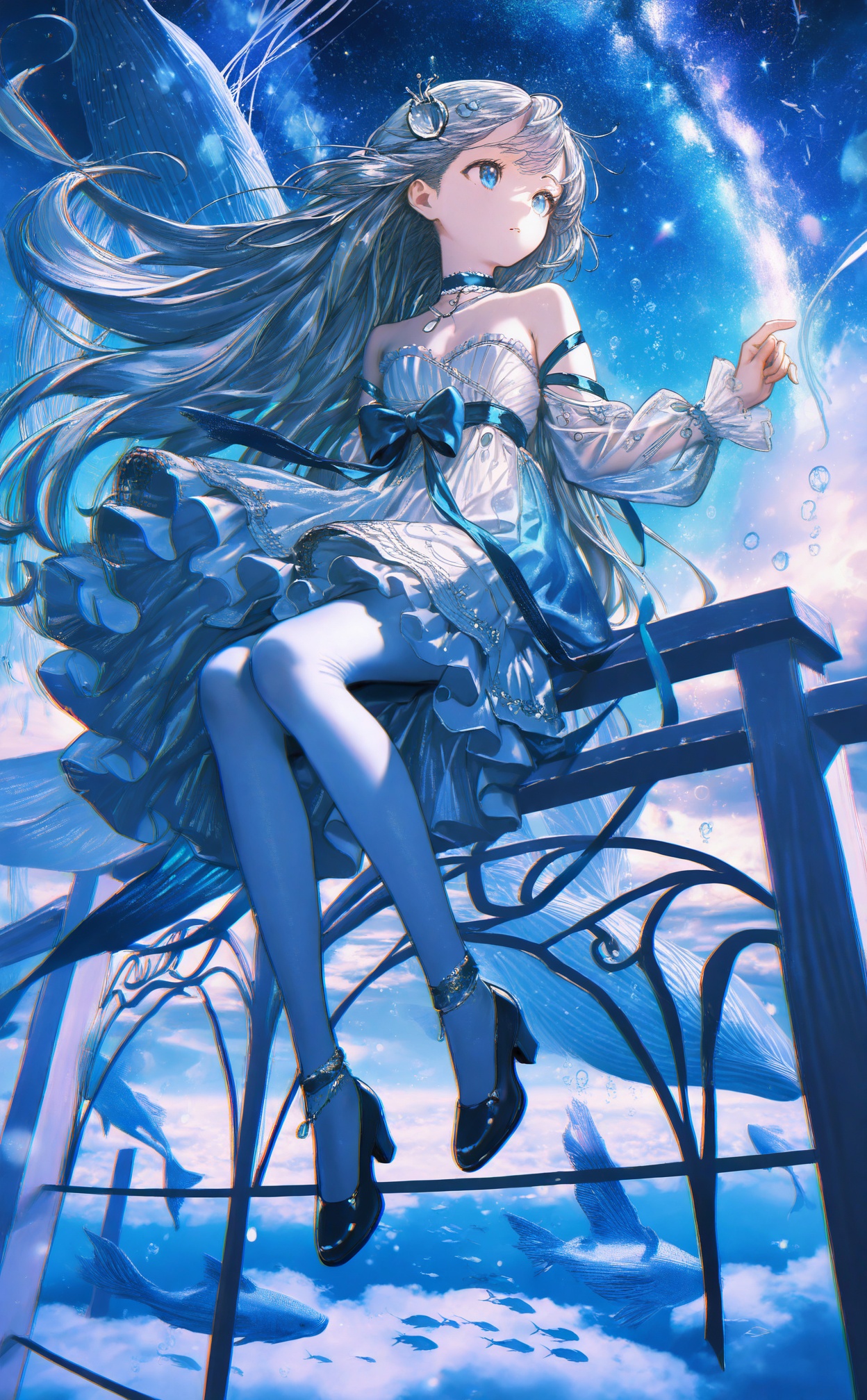 masterpiece,absurdres,best quality,loli,petite,high quality,chromatic_aberration,//,1girl,whale,sky,dress,solo,long hair,cloud,flying fish,white_pantyhose,sitting,blue eyes,white dress,star (sky),bow,grey hair,floating hair,strapless,strapless dress,blue bow,bare shoulders,full body,chromatic aberration,high heels,blue sky,blue ribbon,jewelry,starry sky,frills,very long hair,fish,ribbon,outdoors,choker,frilled dress,cloudy sky,necklace,detached sleeves,looking afar,blue choker,blue footwear,long sleeves,parted lips,hand up,see-through,hair ornament,floating,tropical fish,night sky,black footwear,floating clothes,animal,closed mouth,shoes,light particles,layered dress,see-through sleeves,bubble,jellyfish,pantyhose,looking to the side,anklet,off-shoulder dress,bird,collar,wind,above clouds,expressionless,on railing,breasts,small breasts,night,looking ahead,scenery,from below,day,looking up,blue theme//,Depth of field,(colorful),hdr,Tyndall effect,depth of field,Tyndall Effect,blurry,blurry_background,depth_of_field,bokeh,glowing,//,<lora:ssxd2——【noob】hans:1>,