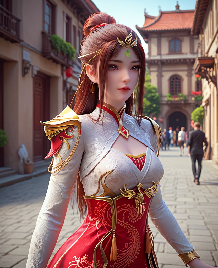 (oriental architecture, elegant decor, sophisticated style:1.1),roller skating moves,(breasts:1.2),<lora:XL完美世界红凰:0.95>,miss honghuang,solo,white corset with red bra underneath,white bolero,red overskirt,red eyes,brown hair,long hair,hair bun,left earcap,streaked hair,forehead pendan,long sleeves,lips,shoulder armor,, zPDXL2, score_9, score_8_up, score_7_up BREAK realistic, masterpiece,best quality, highly detailed,, zPDXL3, zPDXL2,zPDXL, zPDXLxxx, zPDXLrl,