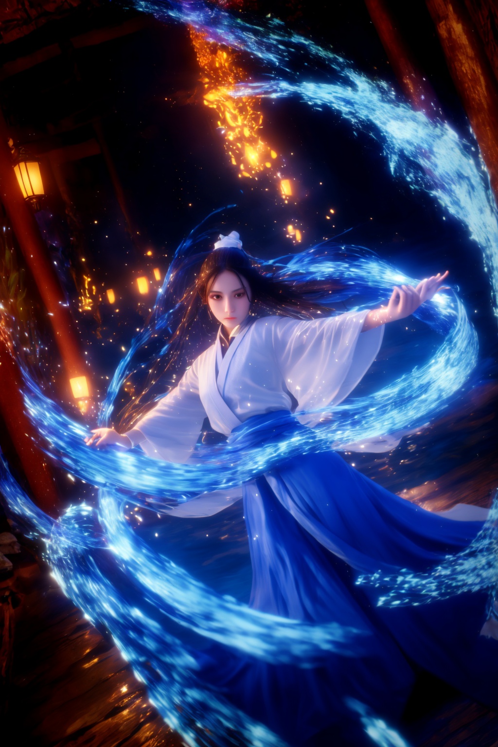 using wwm-water-magic,wwm-water-magic,using water-magic,ancient-costume,dancing,water-magic,fighting stance,1girl,solo,<lora:magic_fighting_water_512_dreamshaper_8:0.8>,