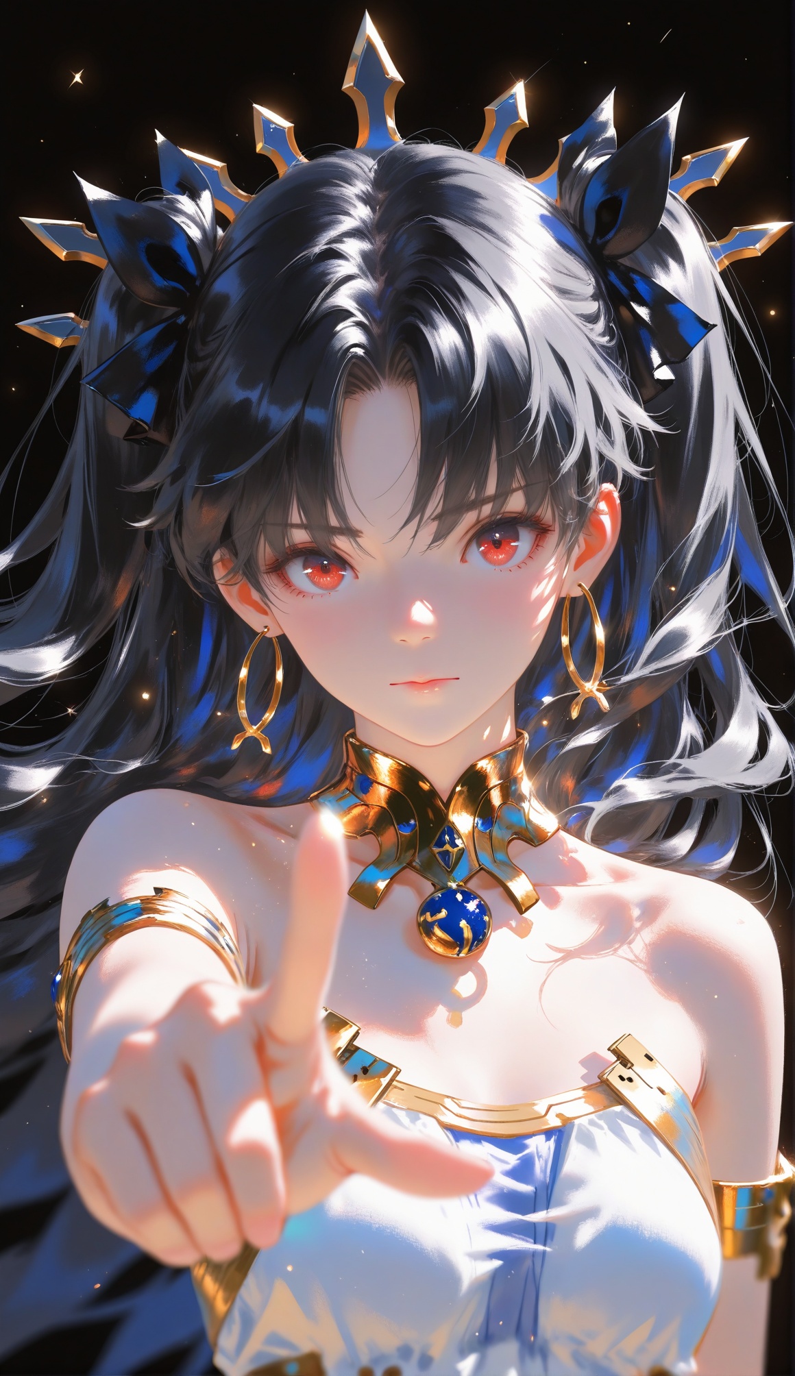 xingmang,light particles, glowing particles,painting \(medium\),abstract,(wlop, reoen:0.8025),miv4t,foreshortening,depth of field,detailed lighting,Volumetric Lighting,(film grain:1.1),kodachrome,masterpiece,best quality,ultra-detailed,newest,very aesthetic,latest,masterpiece,best quality,absurdres,newest,very aesthetic,amazing quality,highres,sensitive,1girl,ishtar (fate),solo,red eyes,jewelry,earrings,long hair,looking at viewer,black hair,hoop earrings,two side up,black background,upper body,breasts,parted bangs,bangs,bare shoulders,bow,ribbon,hair bow,hair ribbon,floating hair,closed mouth,small breasts,black bow,neck ring,