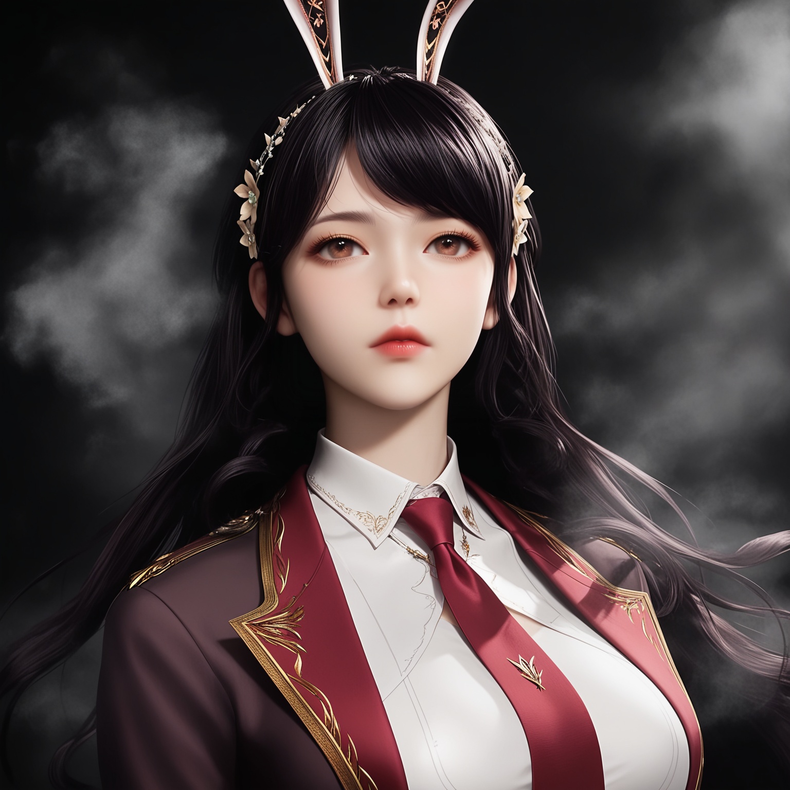 (score_9),masterpiece,best quality,absurdres,highres,BREAK(white_skin),<lora:江楠楠-ill-000008:0.8>,1girl,solo,black hair,long hair,hair ornament,hair flower,brown eyes,jewelry,rabbit ears,fake animal ears,suit,collared_shirt,blazer,skirt_suit,necktie,collarbone,(large breasts),puffy chest,large breasts,looking at viewer,front view,upper body,BREAKsimple background,black background,Tyndall effect,fog,branch,twig,