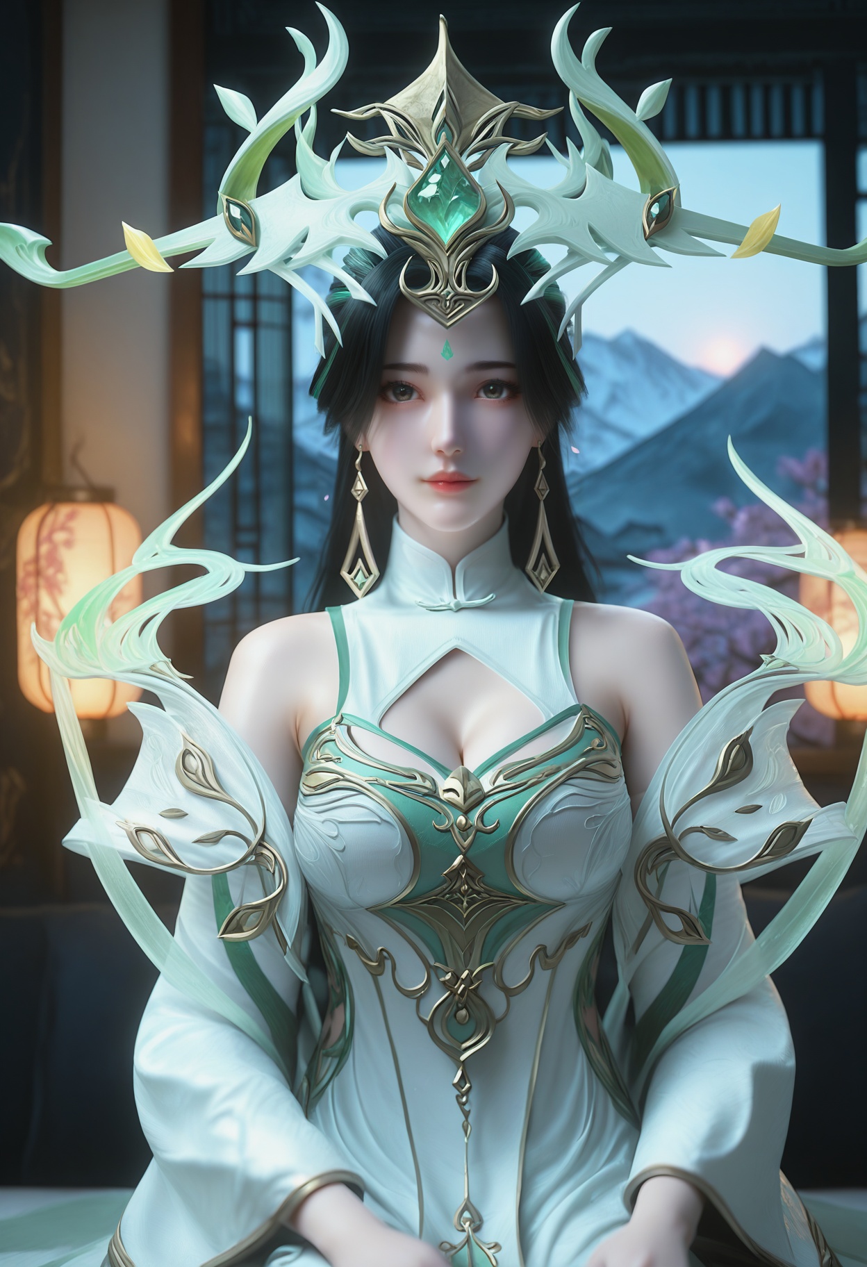 Liu_shen,1girl,long hair,black hair,hair ornament,dark background,earrings,jewelry,facial mark,forehead mark,green hair,bare shoulders,streaked hair,multicolored hair,<lora:Liu_shen_10_illu-000008:0.75>,dress,white dress,long sleeves,cleavage cutout,chinese clothes,wide sleeves,photorealistic,hyperrealistic,<lora:realistic filter [IL]:1>,looking at viewer,(pale skin:0.9),sitting,lantern,open window,looking at viewer,indoors,mountains,blossoms,flowers,east asian architecture,beautiful sunrise,warm ambient temperature,