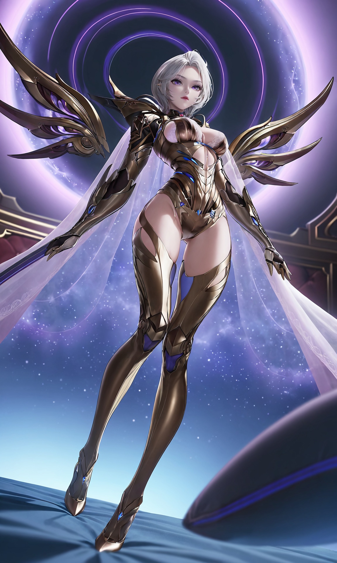 professional 3d model,Bulolin,low angle  view  of a short white-haired woman wearing golden armor_bra,white stockings,bare legs,white skin,(lying on the bed:1.2),purple special effect circle behind her,long legs,<lora:tunshi-Bulolin-000018:0.9>,. octane render,highly detailed,volumetric,dramatic lighting,