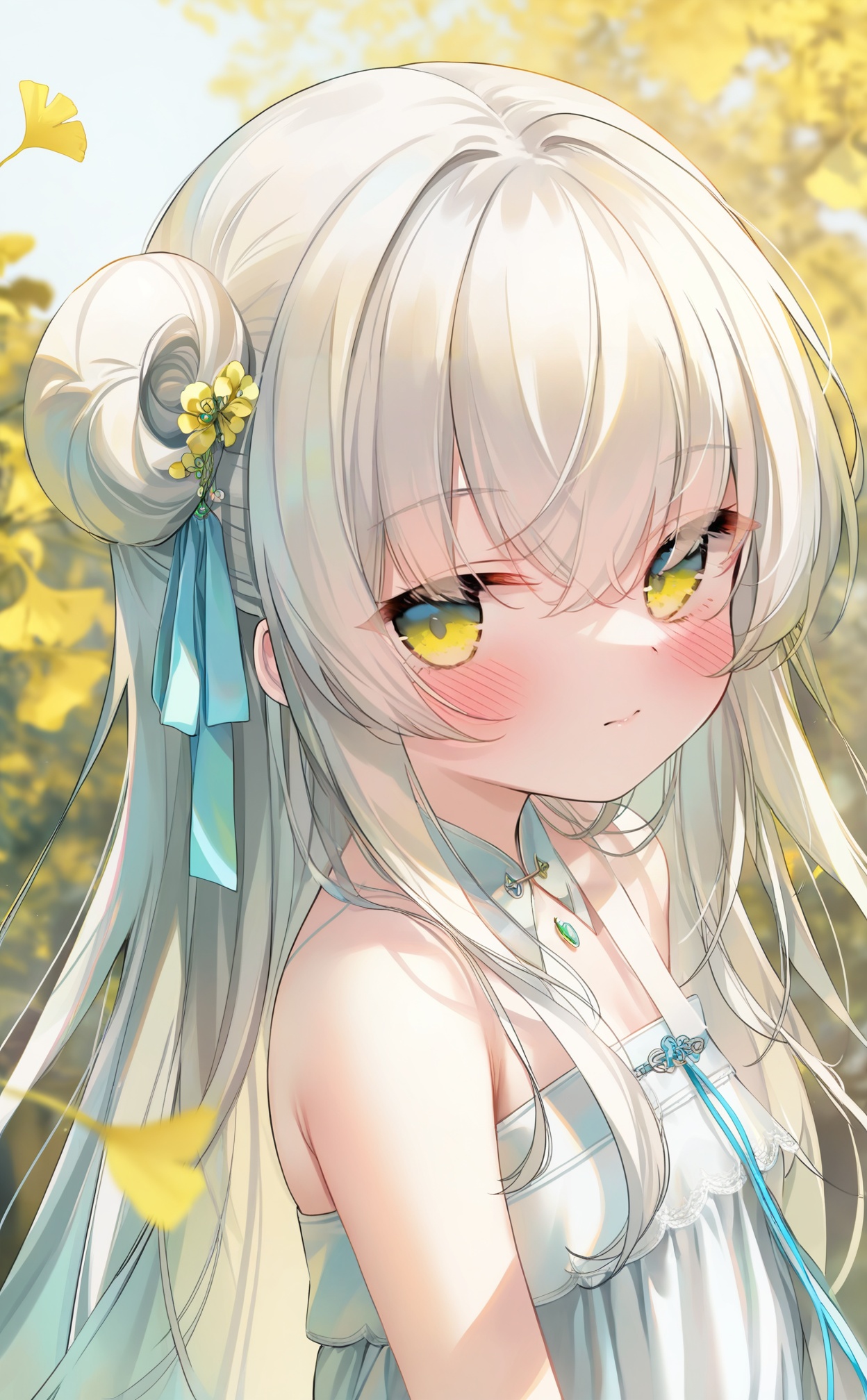 masterpiece,absurdres,best quality,loli,petite,high quality,chromatic_aberration,//,,hanfu,1girl, solo, hair_ornament, flower, hair_flower, white_hair, long_hair, green_eyes, hair_bun, looking_at_viewer, leaf, yellow_flower, blurry_background, blurry, ribbon, hair_ribbon, hair_between_eyes, portrait, closed_mouth, yellow_eyes, bell, ginkgo_leaf, blush, single_hair_bun, hair_bell, depth_of_field, upper_body, crossed_bangs, necklace, jewelry, bare_shoulders, blue_ribbon, single_side_bun, looking_to_the_side, white_dress, falling_leaves//,//,official art,depth of field,detailed light,blurry background,best shadow,shiny skin,cinematic lighting,ray tracing,amazing quality,very aesthetic,absurdres,beast quality,ultra detailed,newest,8K,HDR//,<lora:guizhencao3——【noob】hans:1>,