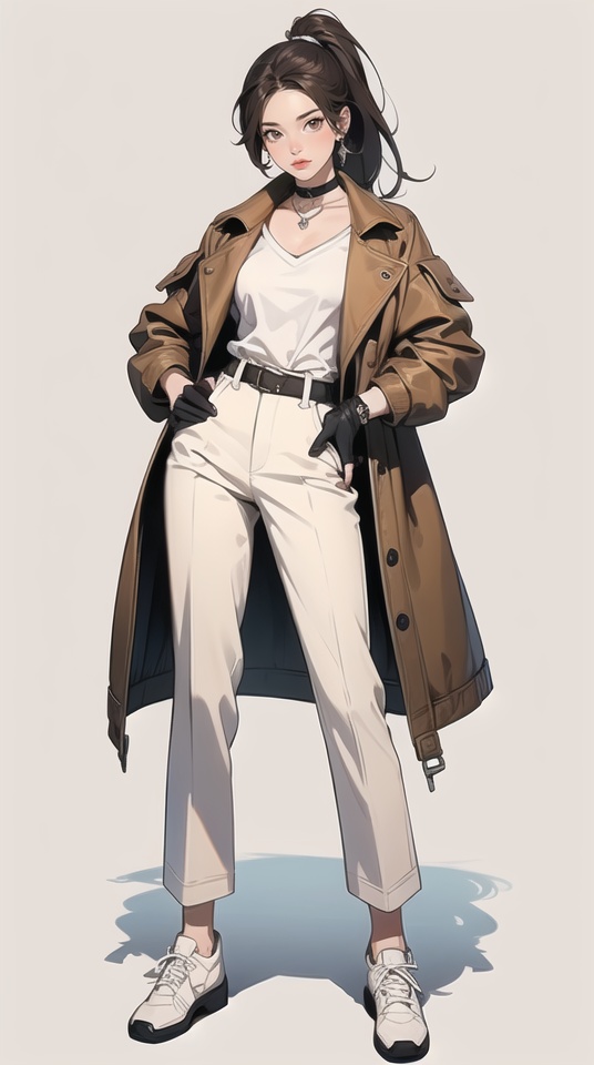 (best quality), ((masterpiece)), (highres), illustration, original, extremely detailed,1girl, solo, white background, full body, jacket, gloves, ponytail, pants, simple background, jewelry, choker, earrings, white footwear, shirt, looking at viewer, hand on hip, standing, fingerless gloves, brown jacket, twitter username, brown hair, shoes