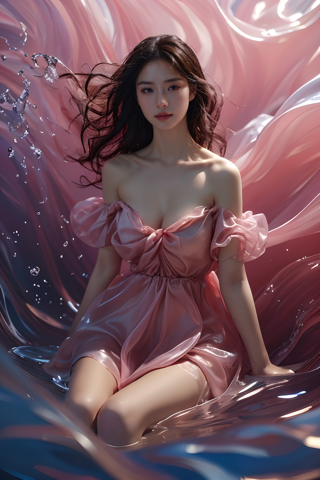 sd mai, piao, 1girl, solo, breasts, brown hair, long hair, looking at viewer, dress, water, realistic, parted lips, pink dress, cleavage, bare shoulders, sitting, lips, collarbone <lora:飘piao:0.7>