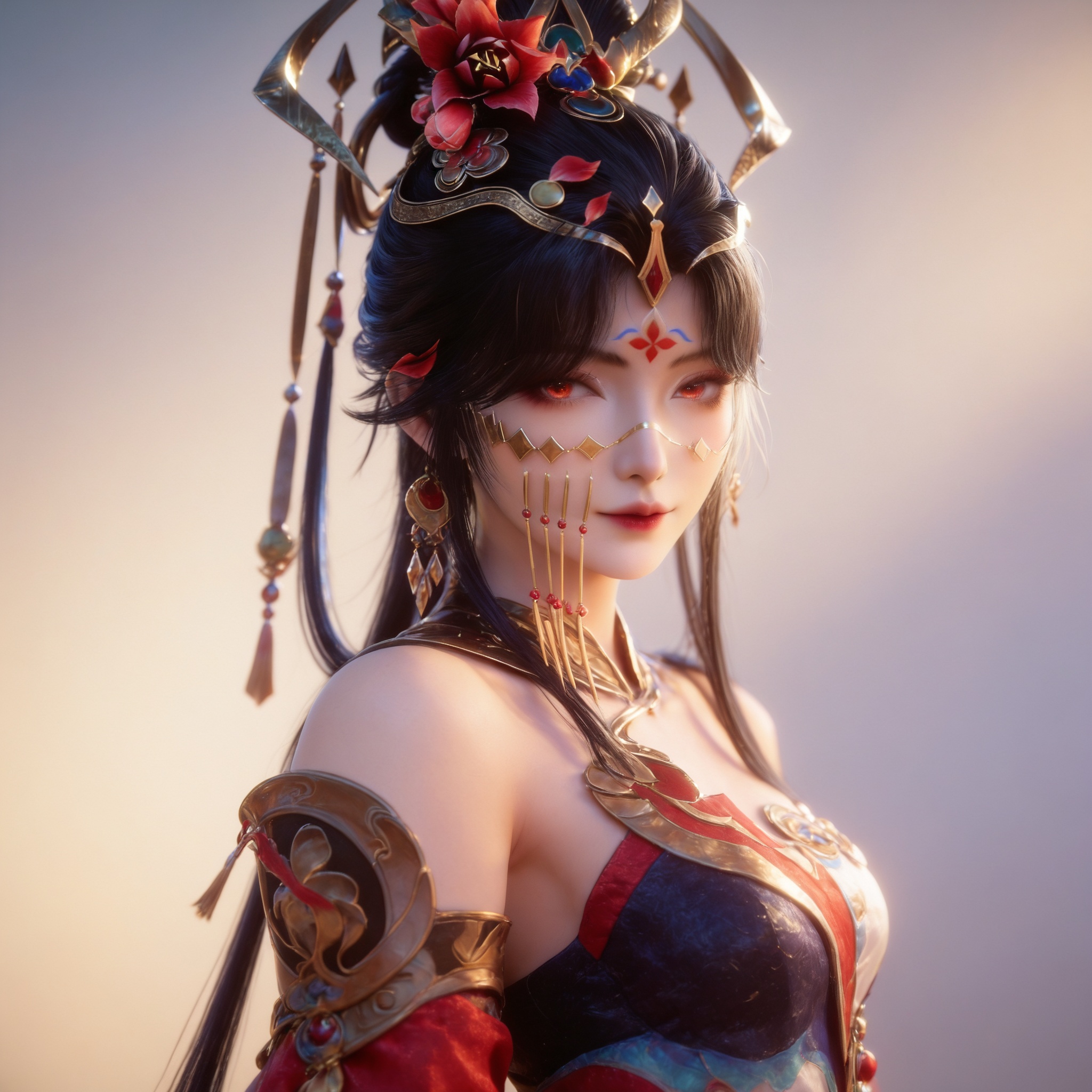 <lora:王者-貂蝉-马年限定Pony:0.8> 1girl, black hair, hair ornament, hair flower,jewelry, long hair, forehead mark, bare shoulders, red eyes, white dress, chinese clothes, detached sleeves, hair rings,, Close-up details,realistic style photo outstanding style,Use soft lighting to cast gentle shadows on the subject,adding a touch of dimension to your images without compromising details,score_9,score_8_up,score_7_up,looking at viewer,