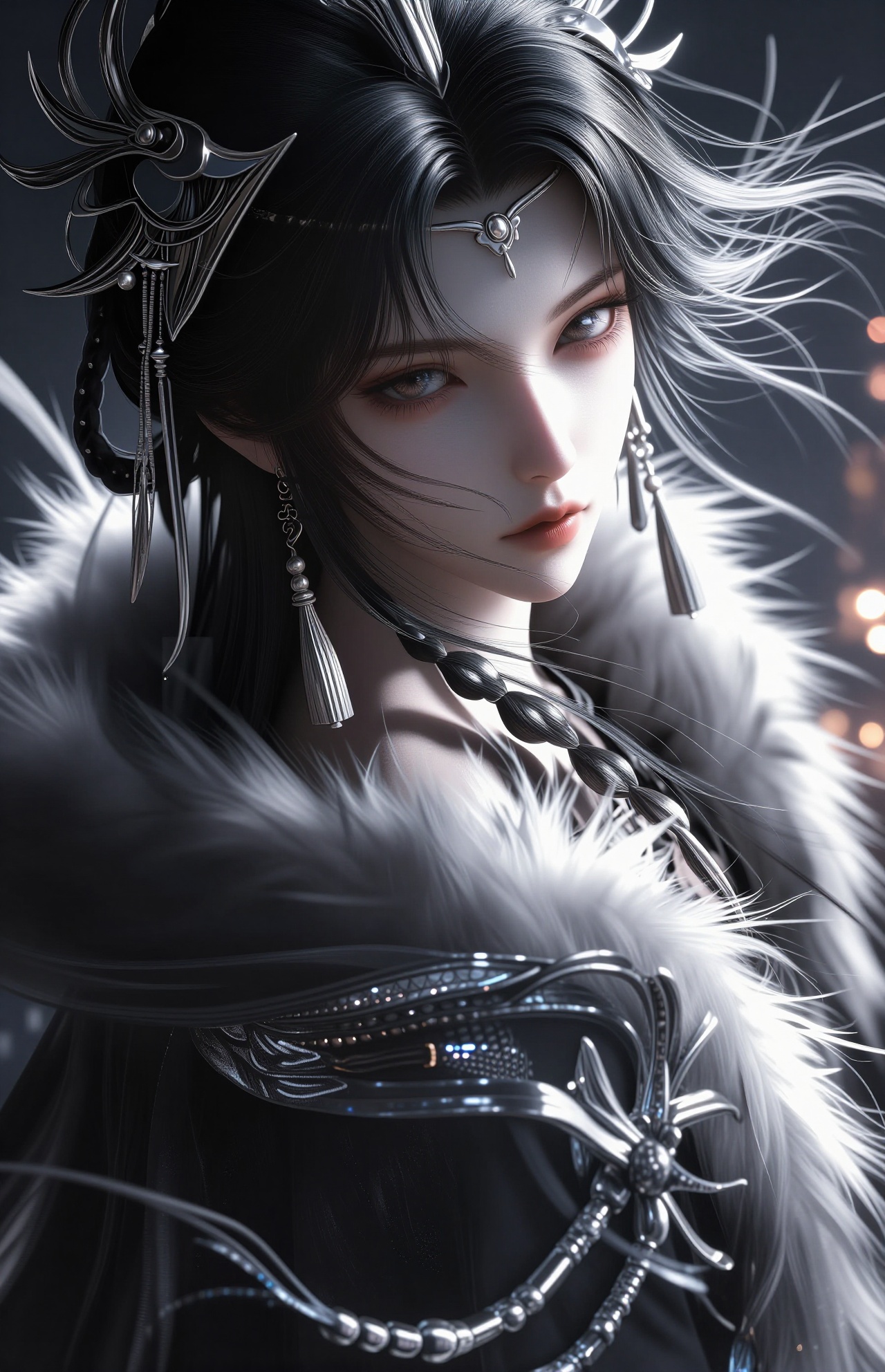 高级CG，美少女，厚涂，全身像，精致刻画，流畅的线条，神秘感，近距离，高清，8K，动态视角，禁欲系，皮草，复古装饰，银饰，金属额饰，碎发随风摆动，复古发饰，超长流苏，很多细碎辫子，人物POS特写，精致刻画，流畅的线条，神秘感，深邃感，极繁风格，发丝细腻富有光泽，近距离肖像画，狭长凤眼，绝美眼睛，瓷白如玉的肌肤，肌肤纹理，面部光影，笔触，线条清晰，高级感，清冷，五官精致，，精致感，高质量，柔焦，细节刻画，超高清，32K，大师级光影，明暗对比，杰出。人物正面，人物写真，华灯初上背景，航拍视角，厚涂，艺术氛围感加强，人物特写，动态视角，繁复纱质感服饰，华丽繁复的饰品，强调发型，透视感强烈，细节丰富，伦勃朗光，明暗对比强烈。强调人物轮廓，整体呈现梦幻感与电影风碰撞的美感。采用动态角度，画面以暗冷色调为基调，东方风格服饰闪粉光点，朦胧且梦幻的感觉。3D渲染