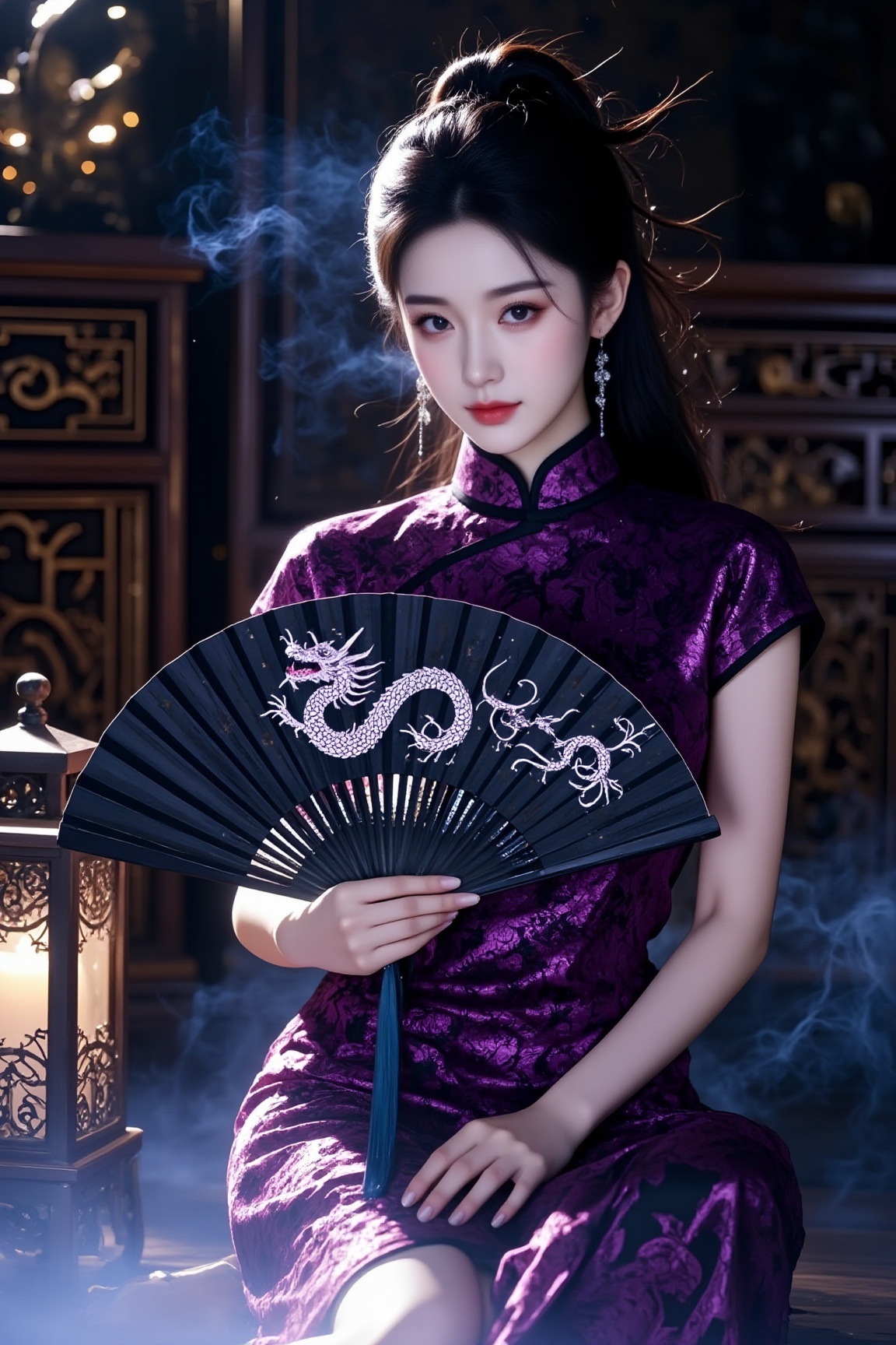 <lora:YY-拽姐F.1:1>,a young woman with delicate features and fair skin, seated on a wooden floor. She is dressed in a traditional Chinese cheongsam, a form-fitting, high-necked dress made of luxurious purple silk with intricate gold embroidery. Her hair is styled in a high, sleek ponytail, and she wears minimal makeup with a soft pink lipstick. She holds a black, dragon-patterned fan in her right hand, which she gently closes and opens, adding a graceful touch to her pose. The room's atmosphere is mystical and ethereal, with a faint blue mist swirling around her, suggesting a magical or otherworldly setting. The background features dark wooden furniture with ornate carvings, and a small lantern emitting a soft, warm glow, casting a warm light on her face. The overall aesthetic is a blend of traditional Chinese elegance and fantasy, with the woman exuding a serene, almost ethereal presence.