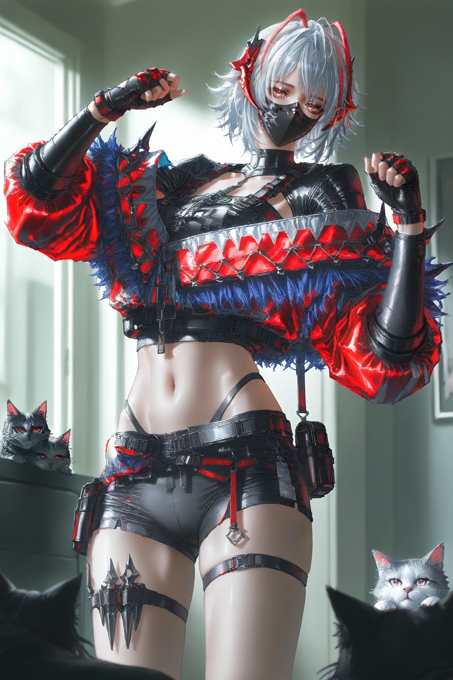 <lora:光辉V1麦晓雯维什黛尔角色:0.8>,maixiaowenew,1girl,solo,short hair,mask,mouth mask,w \\(arknights\\),horns,jacket,red eyes,grey hair,antenna hair,white hair,fingerless gloves,black shorts,midriff,navel,thigh strap,crop top,<lora:光辉V1lasagna画风:0.8>,lasagnahuafeng,paw_pose,indoors,