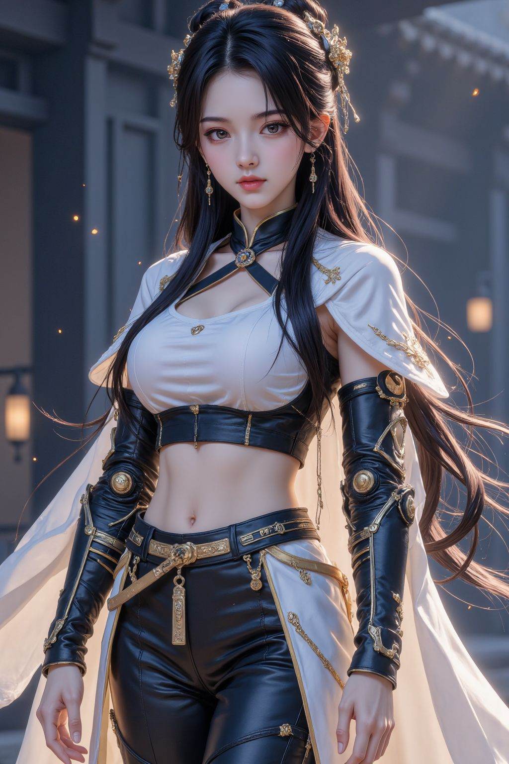 1girl,solo,brown eyes,black hair,looking at viewer,hanfu,chinese clothes,science fiction,long hair,cyberpunk,robot joints,glowing cloak,
