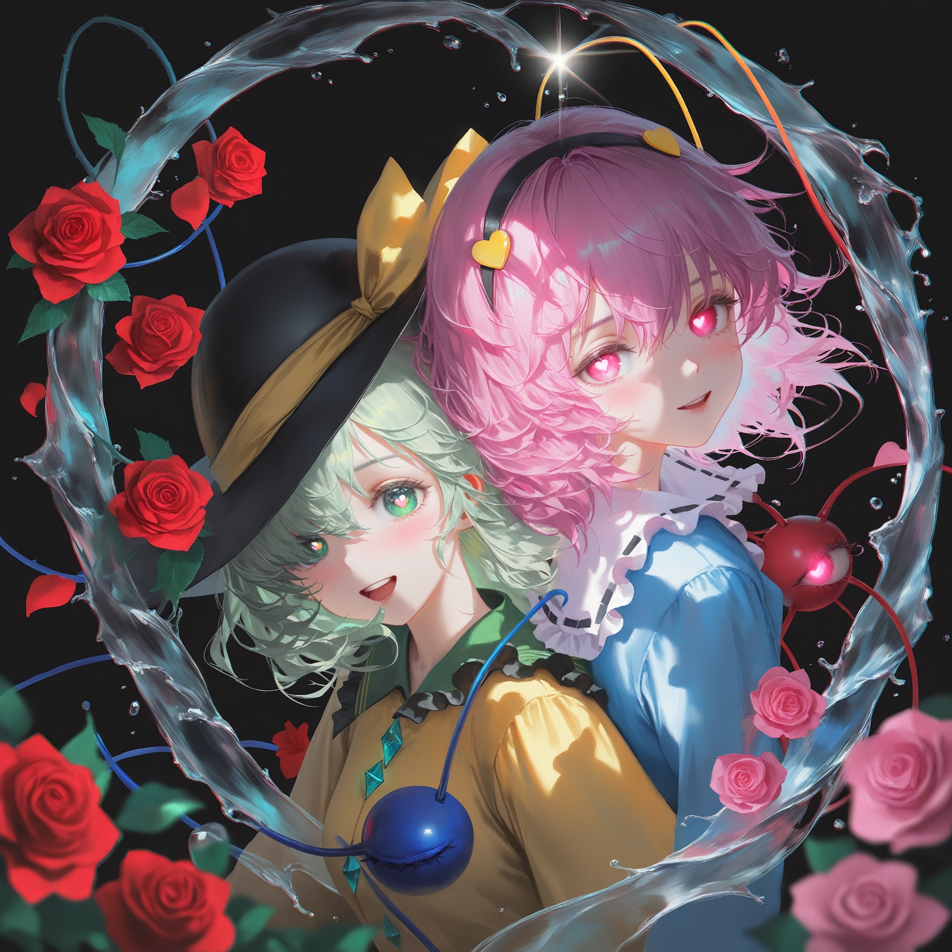 masterpiece,absurdres,best quality,high quality,chromatic_aberration,black_background,//,flower,komeiji koishi,2girls,rose,multiple girls,thorns,hat,siblings,sisters,komeiji satori,back-to-back,blue shirt,diamond button,red flower,red rose,shirt,pink hair,open mouth,frilled shirt collar,yellow shirt,frills,heart button,hair ornament,heart,smile,black headwear,short hair,hair over one eye,green hair,heart hair ornament,buttons,teeth,looking at viewer,vines,:d,glowing,hat ribbon,ribbon,red eyes,yellow ribbon,upper body,black background,upper teeth only,parted lips,third eye,plant,collared shirt,one eye covered,bright pupils,water drop,blood,glowing eyes,long sleeves,floating hair,hairband,hair flower,white pupils,medium hair,blue eyes,hair between eyes,green eyes,liquid,blouse,pink eyes,glowing eye,crystal,hat bow,symbol-shaped pupils,eyebrows hidden by hair,heart of string,water,leaf,blush,pink rose,eyelashes,frilled sleeves,heart-shaped pupils,bow,pink flower,black hairband,//,(monochrome:1.2),(silhouette:1.2),oil painting \(medium\),brushstroke,taitai,(maccha (mochancc):0.6),(suzumi (ccroquette):0.7),(wlop:0.6),(reoen:0.6),(tianliang duohe fangdongye:0.7),(rhasta:0.6),very awa,very aesthetic,extreme aesthetic,//,highres,HDR,8K,high contrast,illustration,depth of field,(colorful),Tyndall effect,contrast,lens flare,<lora:nyalia22——【noob】hans:0.5>,back-to-back,