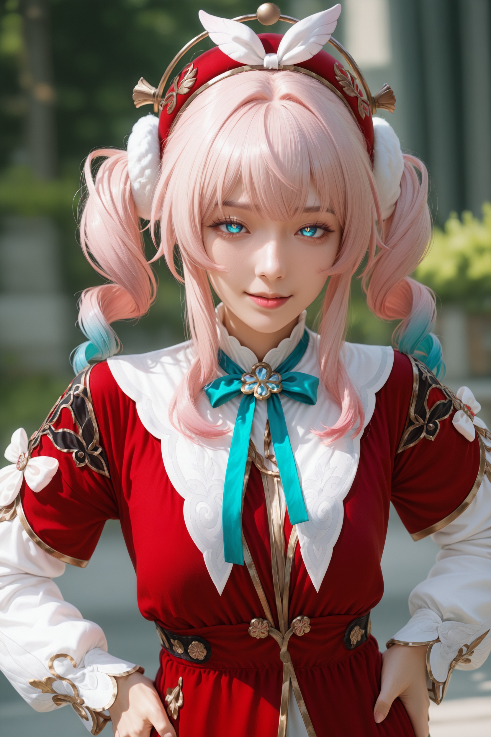 (realistic),(photorealistic:0.9),detailed,official wallpaper,.,.,general,.,.,1girl,makeup,smirk,jewelry,outdoors,hands on own hips,(hyacine \(honkai: star rail\):1.3),, very aesthetic, masterpiece, highres, absurdres,, RAW candid cinema, 16mm, color graded portra 400 film, remarkable color, ultra realistic, textured skin, remarkable detailed pupils, realistic dull skin noise, visible skin detail, skin fuzz, dry skin,